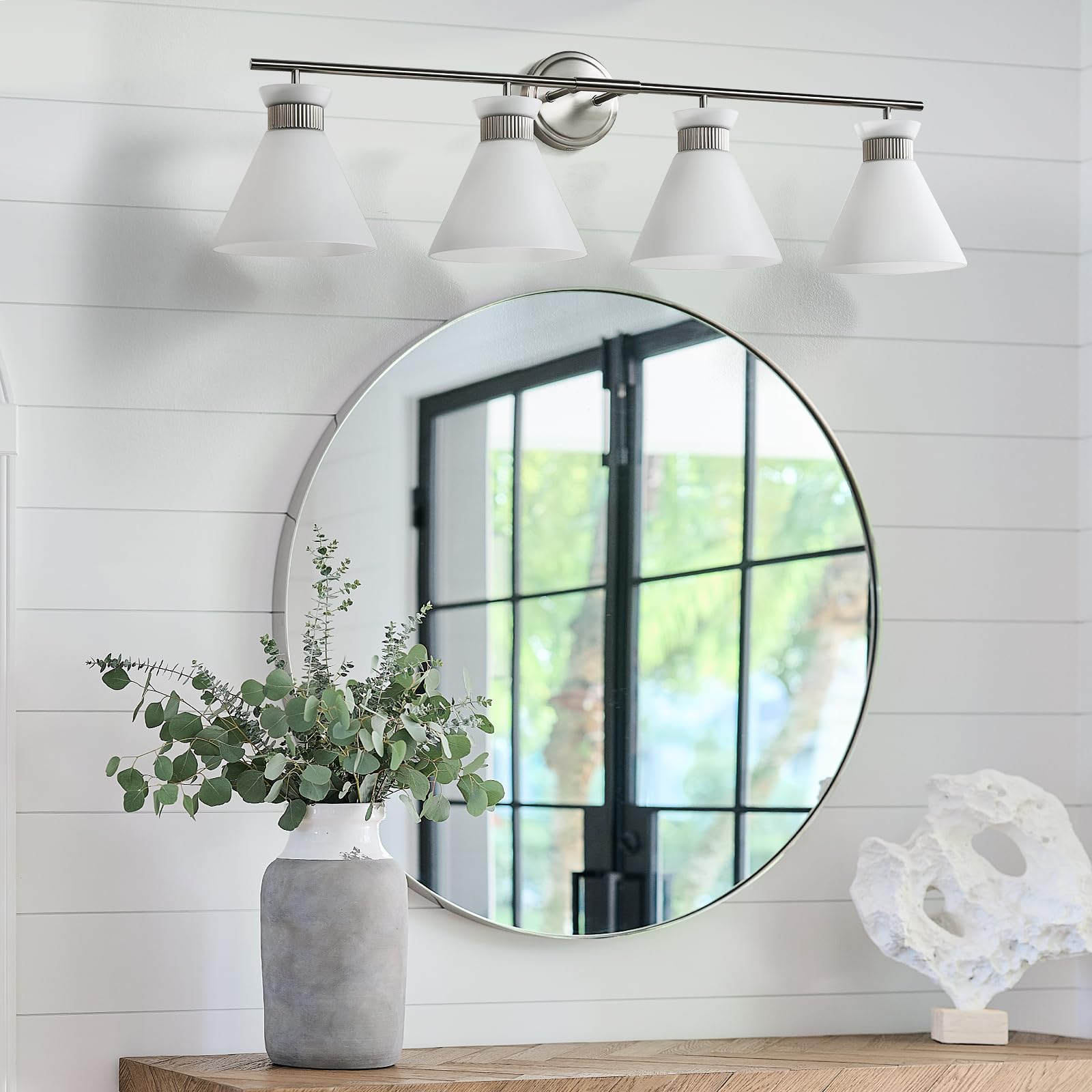 Woshitu Bathroom Light Fixtures: Brushed Nickel 4 Lights Bathroom Vanity Lights Over Mirror With Milky White Frosted Glass Shade  36 Inch Farmhouse Vanity Lighting Sconce (Exclude E26 Bulb)