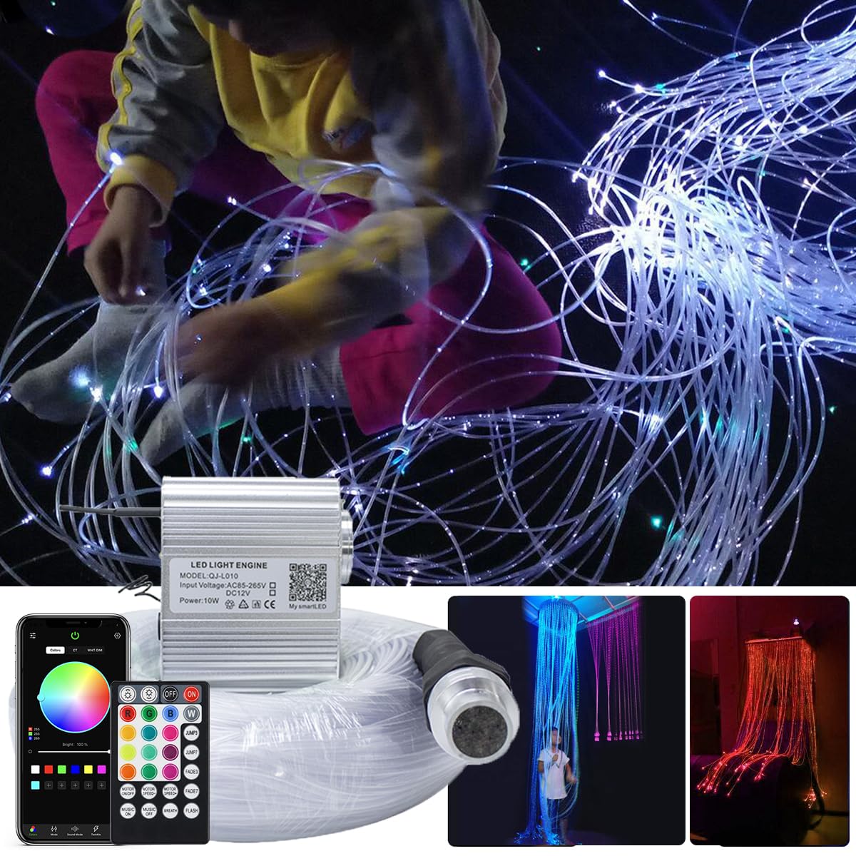 AKEPO Fiber Optic Sensory Lights - 10W RGBW, Bluetooth Control, 50pcs of 6.5ft/2m, Multicolor, Model FP, Aluminum/Silicone