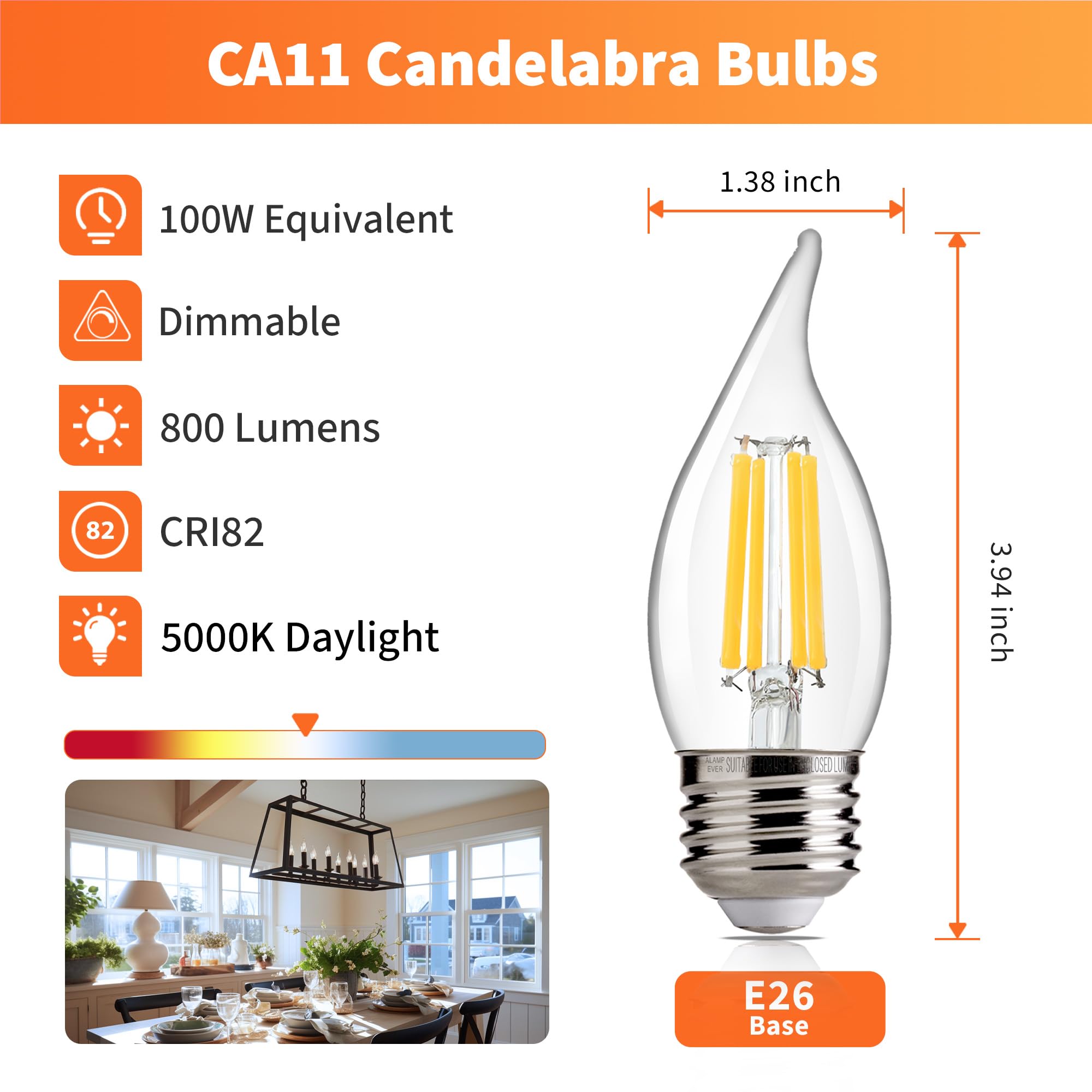 Alampever 800Lm Super Bright Dimmable Led Light Bulb, E26 Led Bulb 100 Watt Equivalent, Ca11 5000K Daylight White Led Candelabra