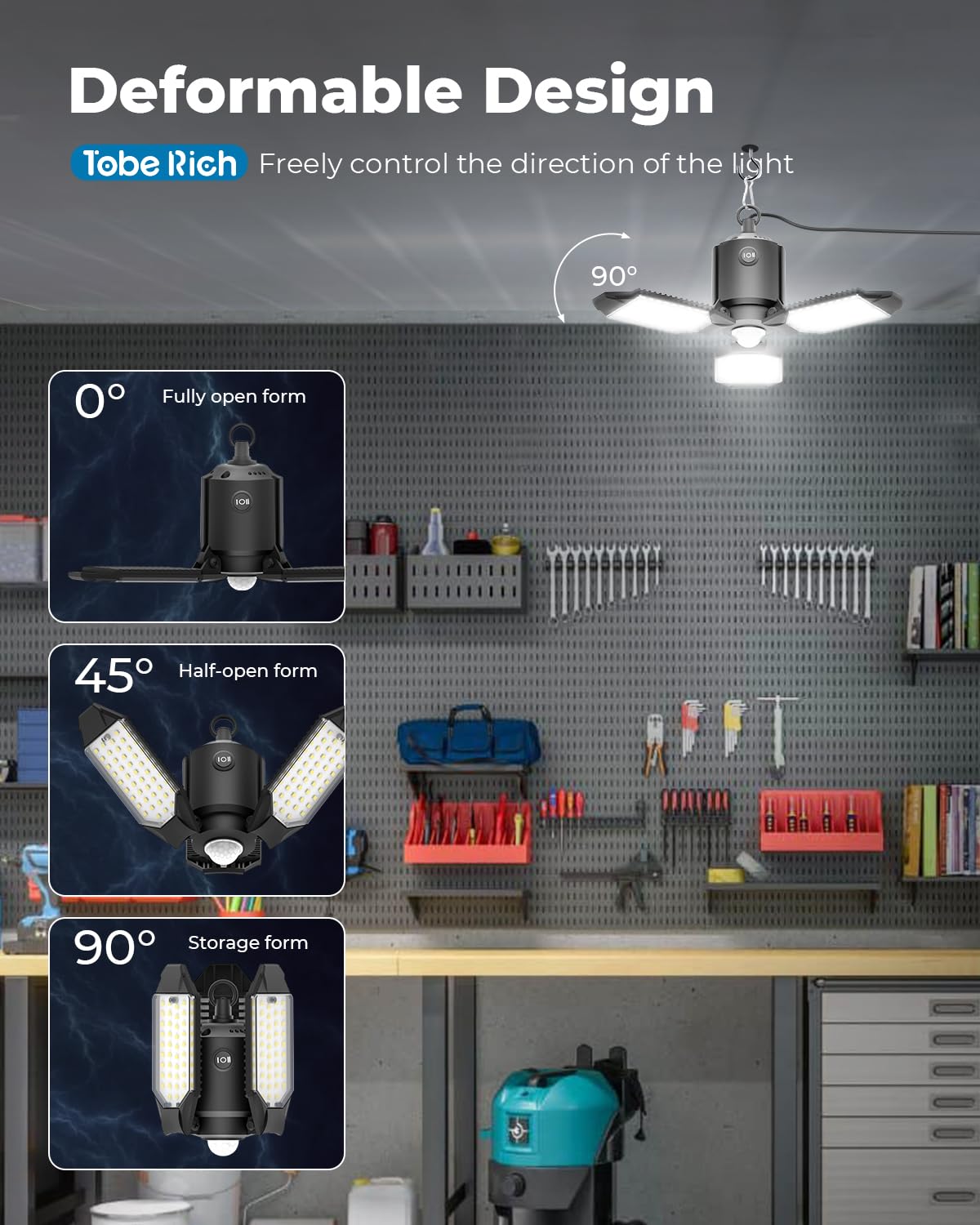 Toberich 2 Pack Plug In Motion Sensor Garage Light - 8000Lm Shop Light With 3 Modes, 3 Deformable Led Panels, 6500K Indoor Motio