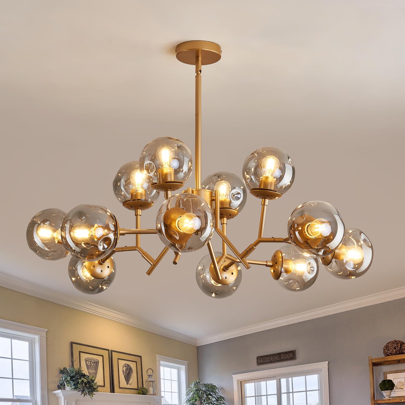 UOFUS 12-Light Glass Globe Sputnik Chandelier Mid-Century Modern Matte Gold Ceiling Light Fixture Vintage Hanging Pendant Light 
