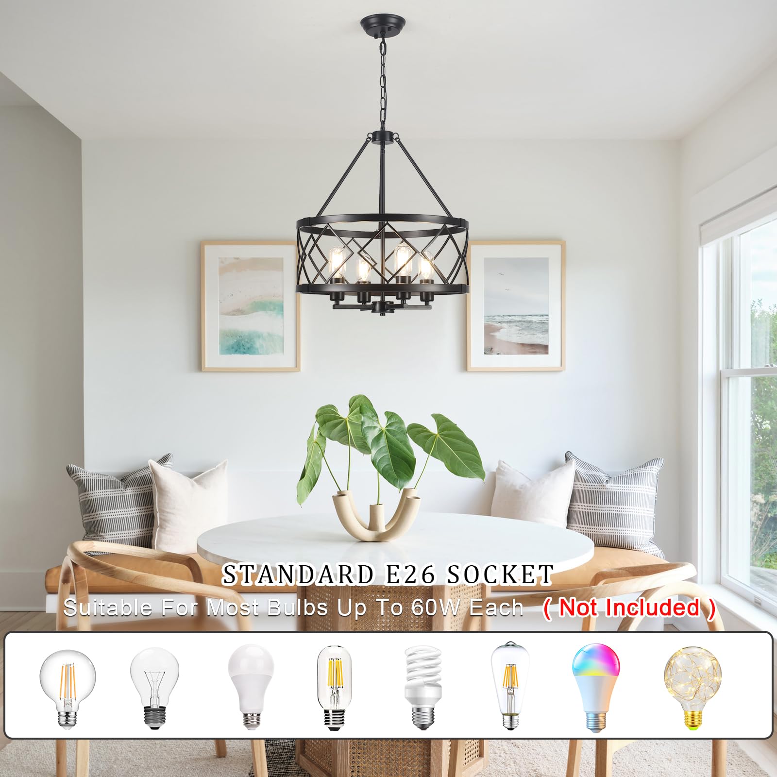 Ljhhowe 17.71'' Farmhouse Rustic Chandelier For Dining Room Light Fixture Ceiling Mount 4 Lights Adjustable Black Kitchen Island