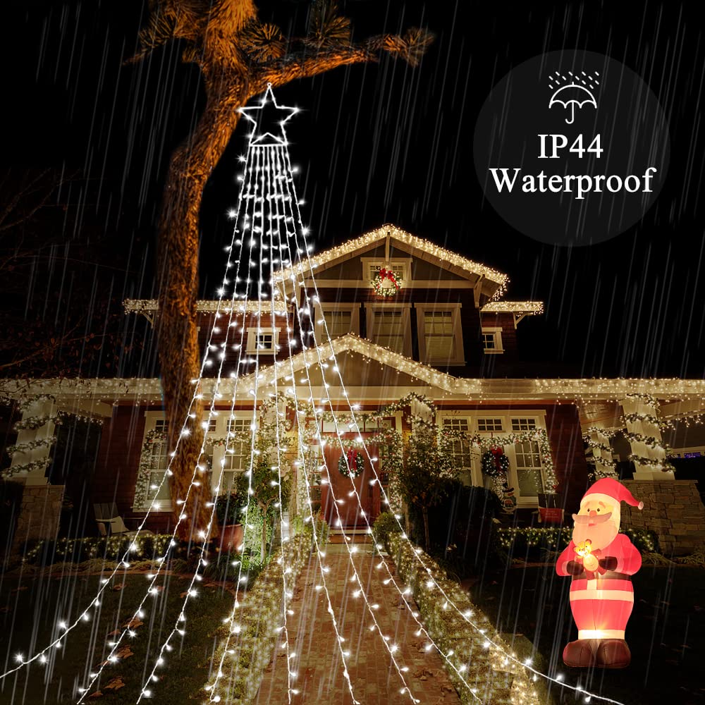 cerflyer Christmas String Lights 320 LED 11.5 Ft Iron-Cool White Waterfall Tree Lights with Star Topper, Model YLS1000WD01