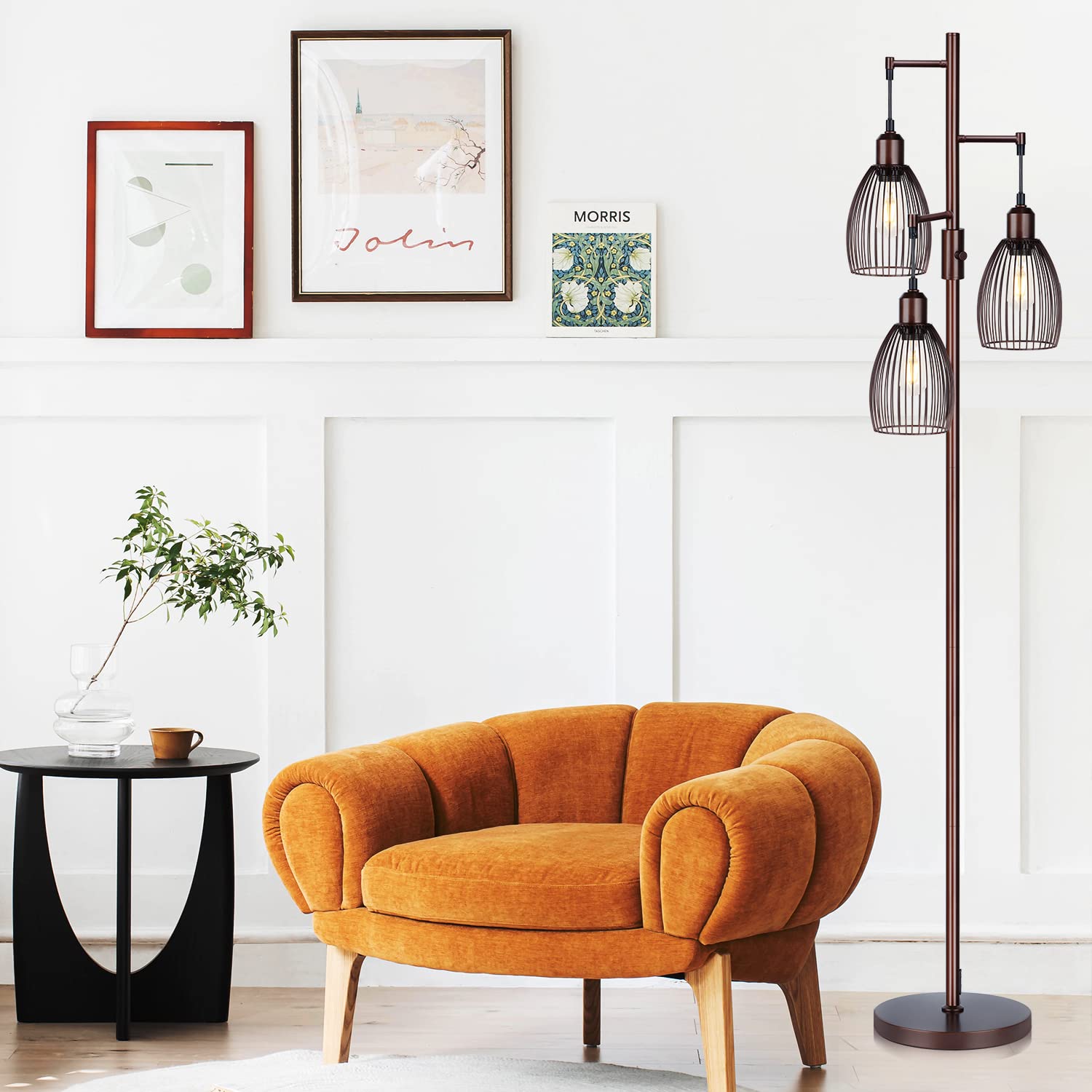 Dimmable Floor Lamp, Industrial Floor Lamps For Living Room, Brown Tree Lamp Standing Lamp Tall Lamps With 3 Elegant Teardrop Ca