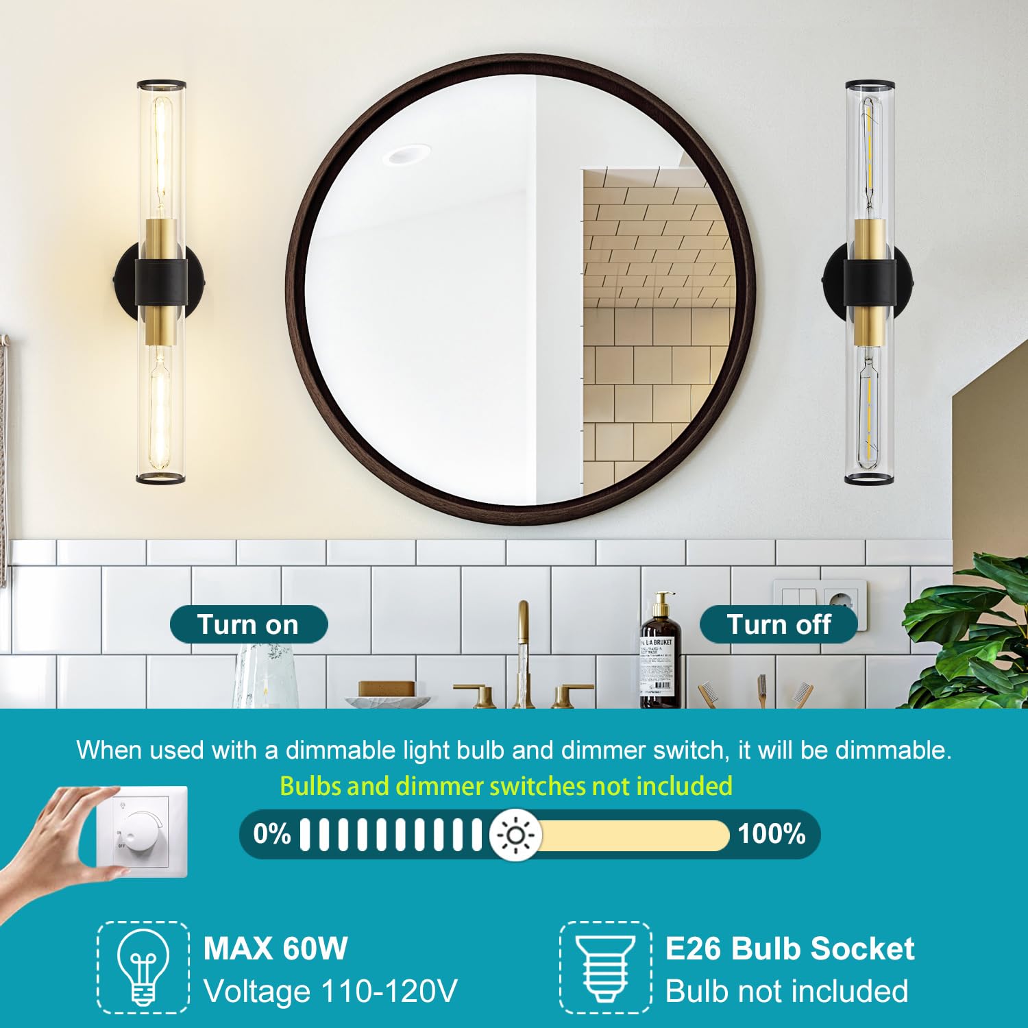 Vaziden Black And Gold Wall Sconce  Bathroom Light Fixtures In Clear Glass Indoor Wall Sconces  Modern Sconce Wall Lighting Up And Down Vanity Lights Fixtures For Bathroom - Bulb Not Included