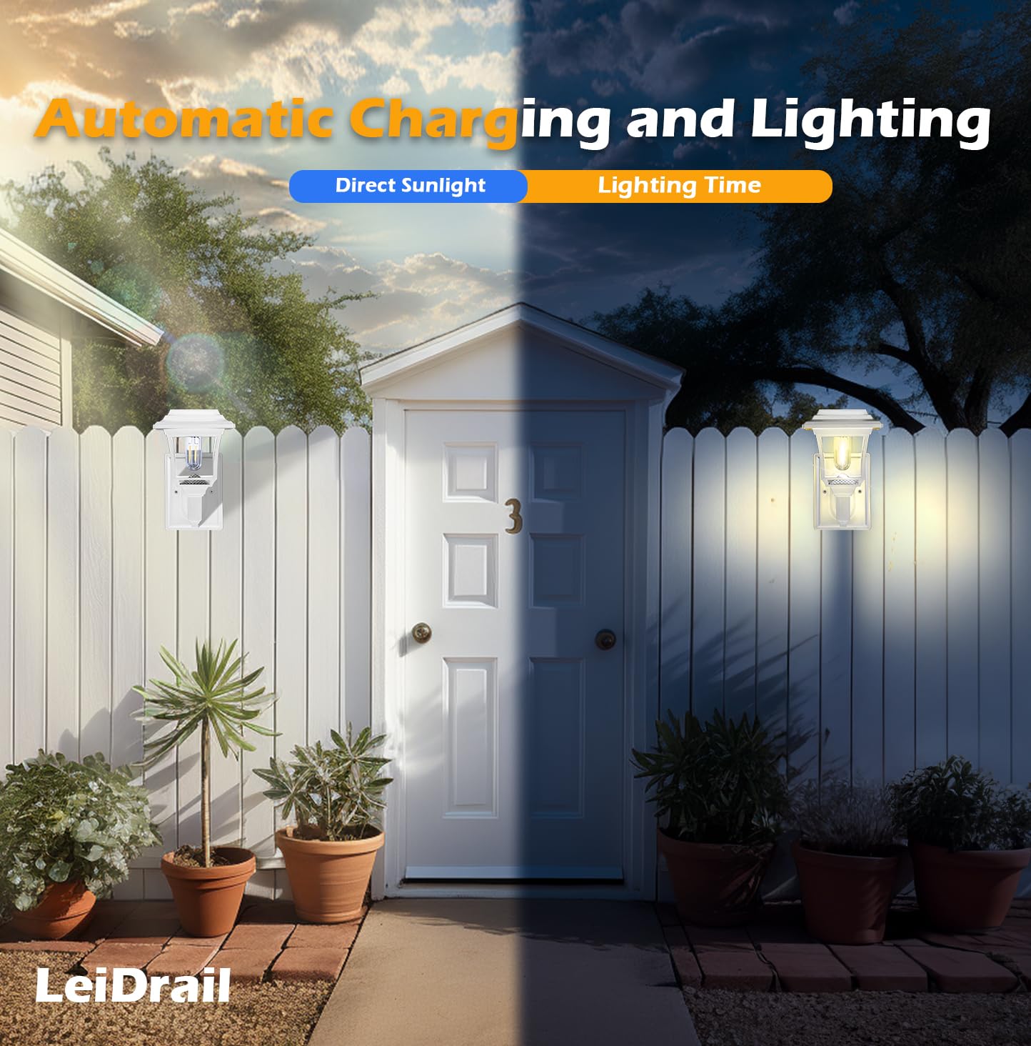 LeiDrail Solar Wall Lantern - 2 Pack Waterproof LED Lights, Warm/Cold White, Plastic, Outdoor Decor for Garden Patio Yard