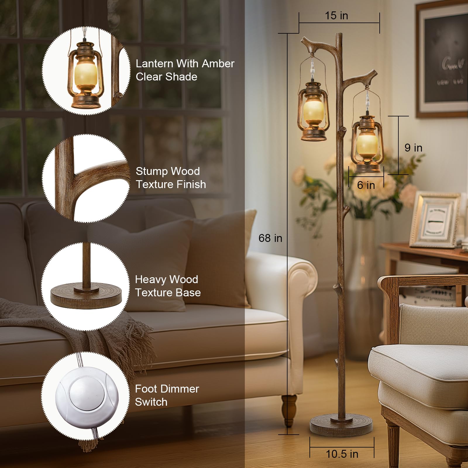 68'' Rustic Farmhouse Tree Trunk Floor Lamp Country Brown Finish Wood Vintage Standing Tall Lamp With Lantern Stepless Dimmable