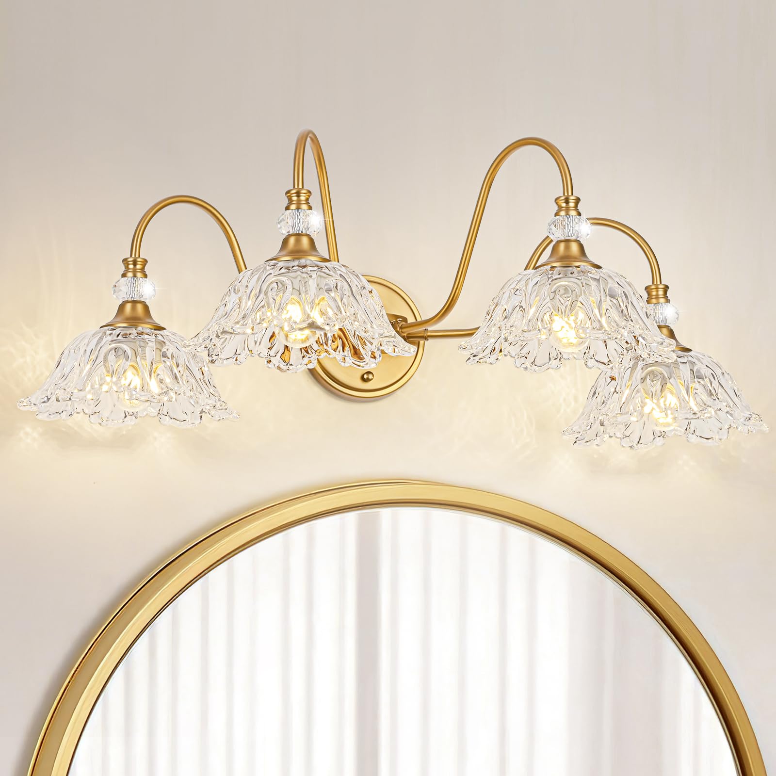 sunkryster 4-Light Vintage Bathroom Vanity Light, Matte Brass Finish, Floral Glass Shades, Retro Wall Mount, Model Sun-104AB-Brass-4