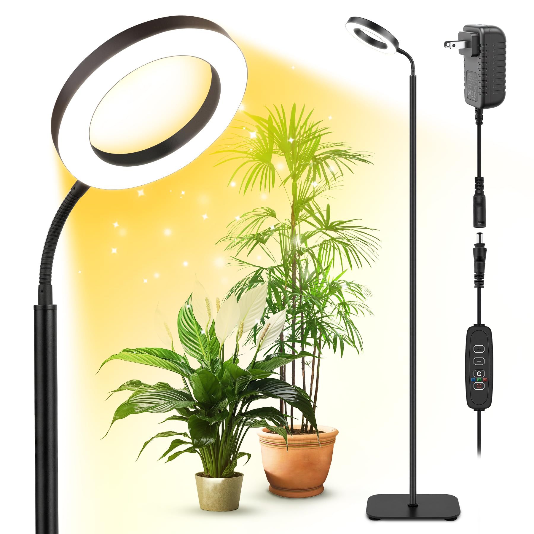 Vsoke Grow Light for Indoor Plants, 20W LED, Adjustable Stand, Off Timer, 10 Dimmable Brightness, Large, Floor-standing Ring Black, Model 24RingBlaV