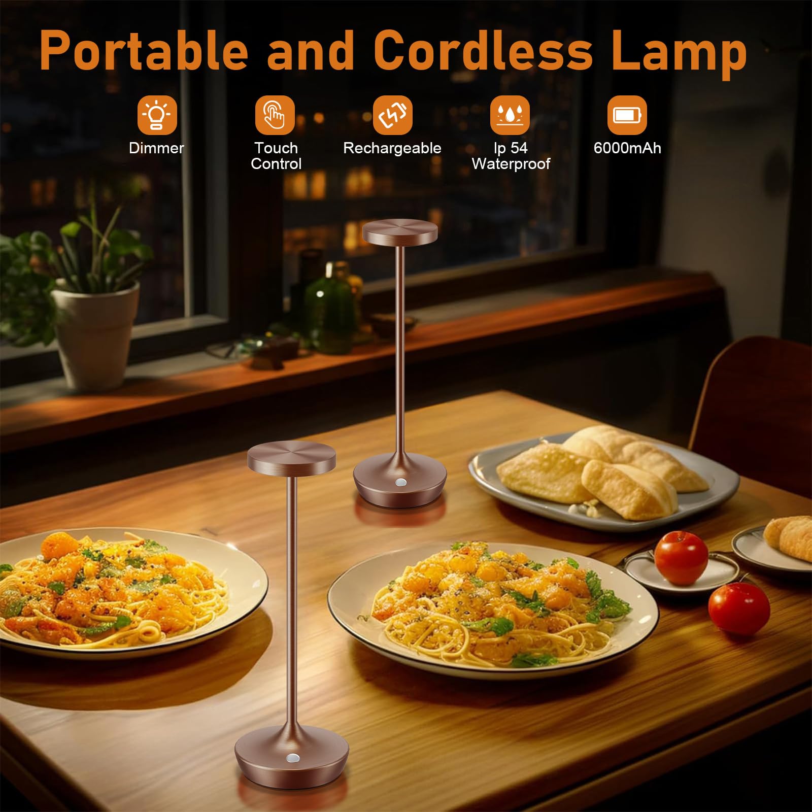 Tpczqj 2 Pack LED Cordless Table Lamp, Rechargeable, Waterproof, Touch 3 Color Dimming, Brown, Model HT-x86