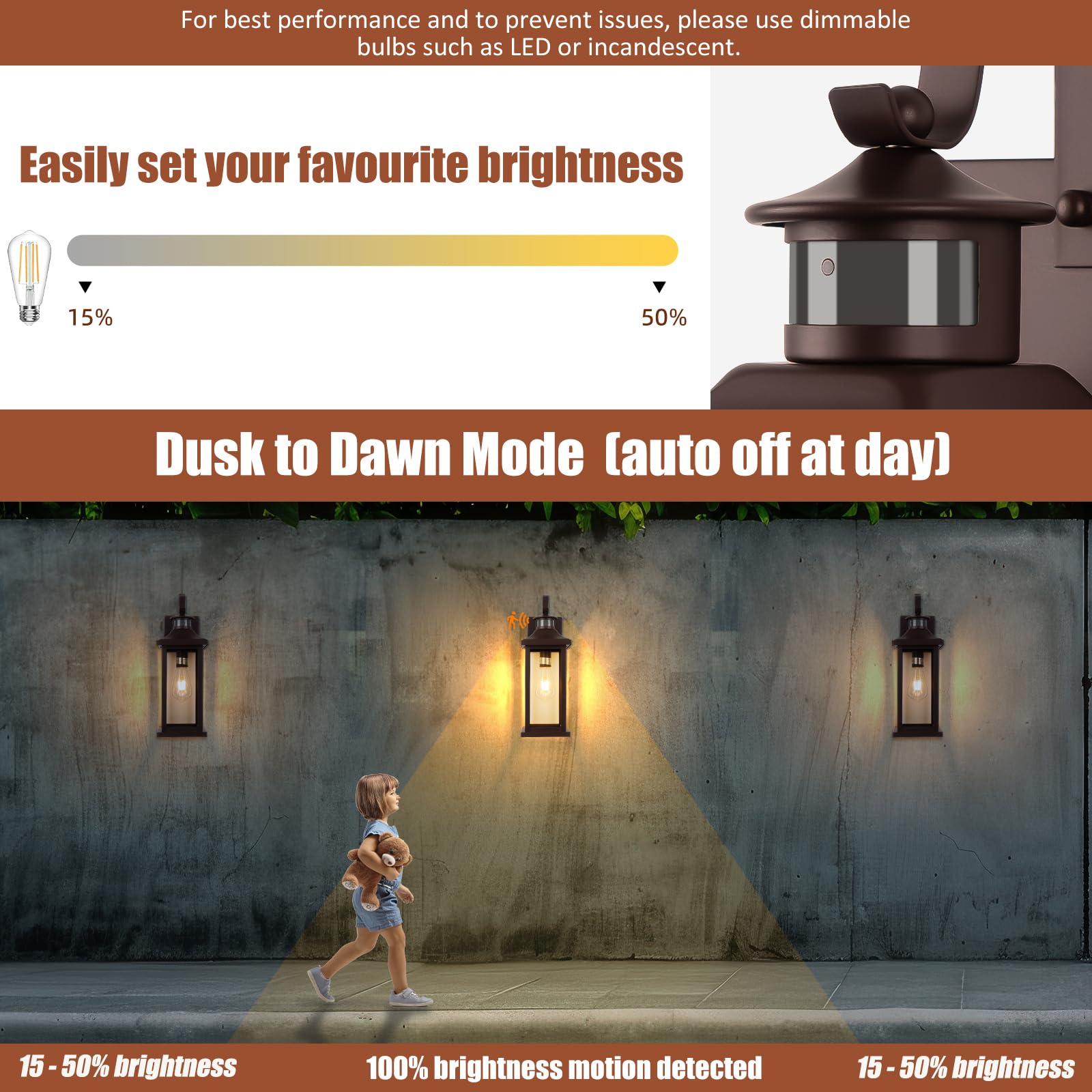 Roravilila 1-Pack 18 Inch Oil Rubbed Bronze Motion Sensor Outdoor Wall Lantern Ip65 Waterproof, Large Brown Dusk To Dawn Outdoor