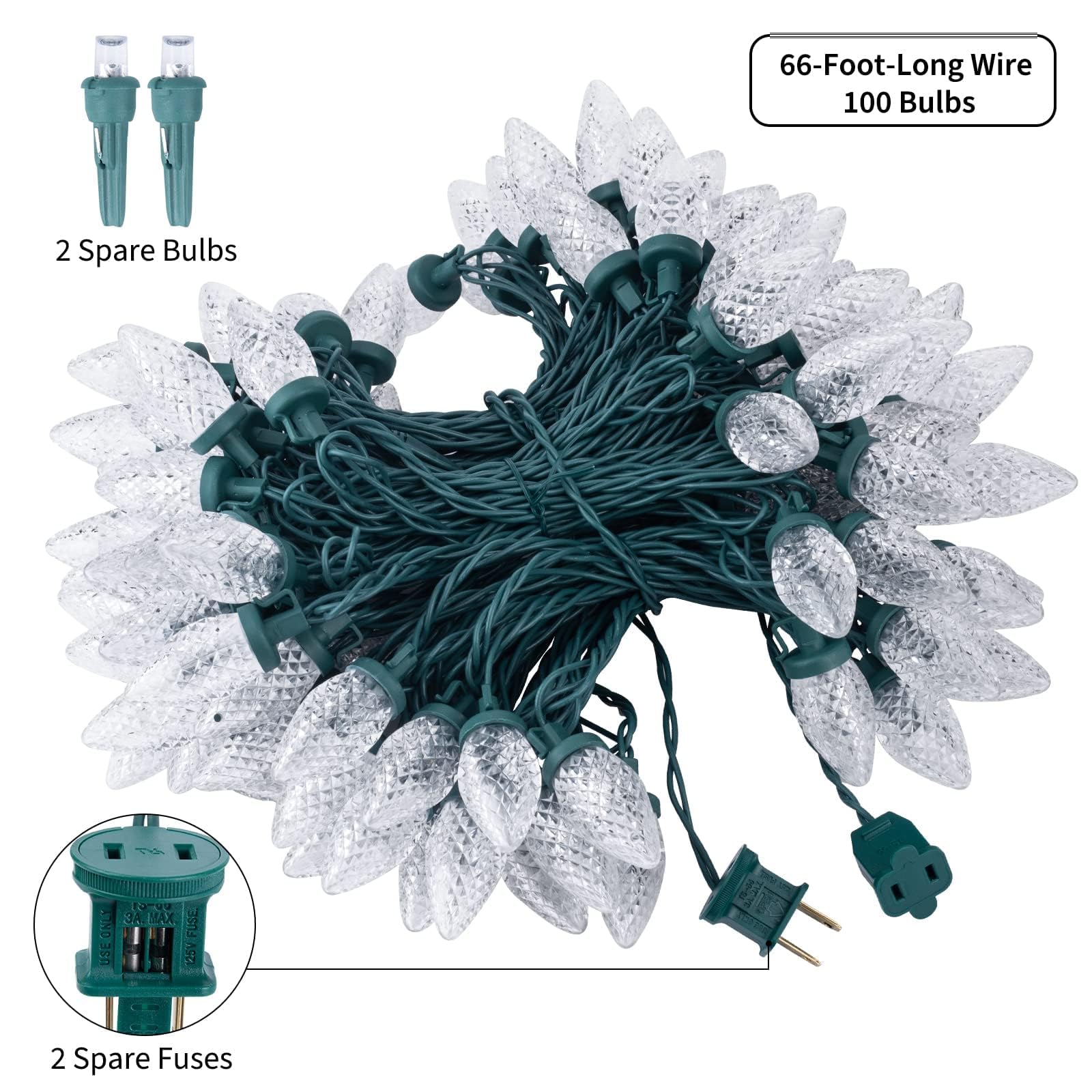 C9 Christmas String Lights White, 66Ft 100 Led Faceted Christmas Lights On Green Wire, Large Bulb Strawberry String Lights For H