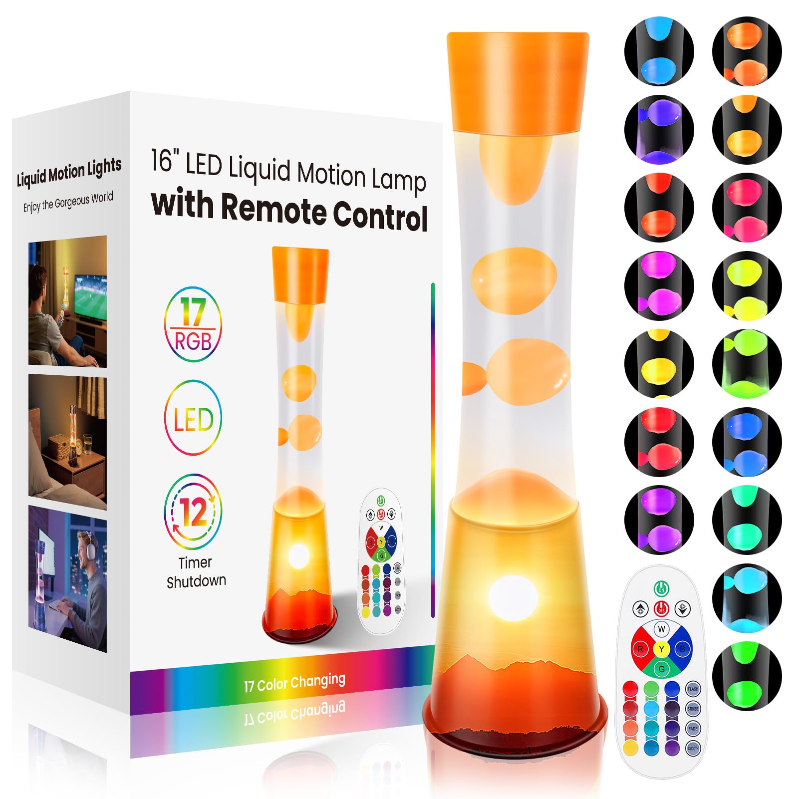 Biulazyda Sunset Liquid Motion Lamp, 15.5-inch Color Changing LED Lamp, Smart Timer Remote Controlled Mood Lighting, Sleep-Enhan