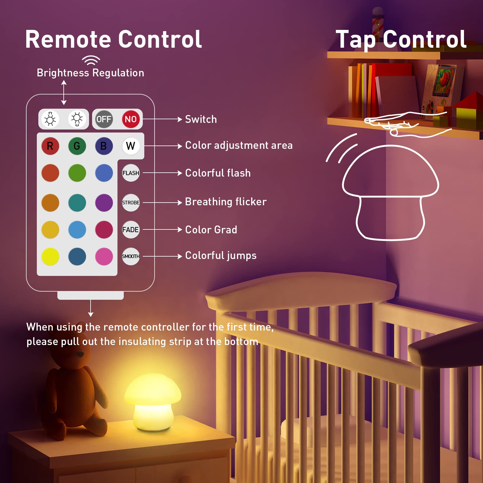 MUID Mushroom Lamp - Rechargeable Silicone Night Light, Multi-Color LED, Dimmable, Tap/Remote Control, Perfect for Nursery and Bedroom