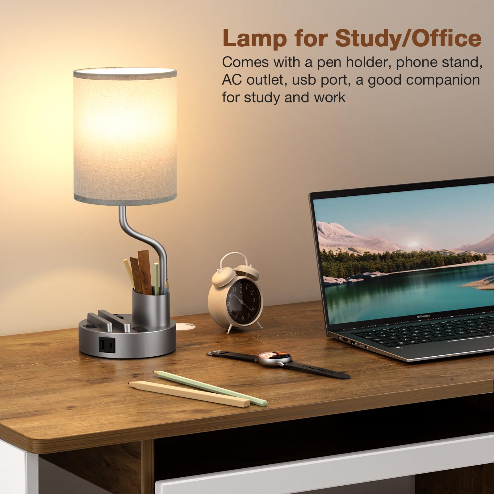 Grey Bedside Table Lamps For Bedroom Set Of 2 - Nightstand Light With Ac Outlet And Usb A & C For Charging, 3 Color Temperatures