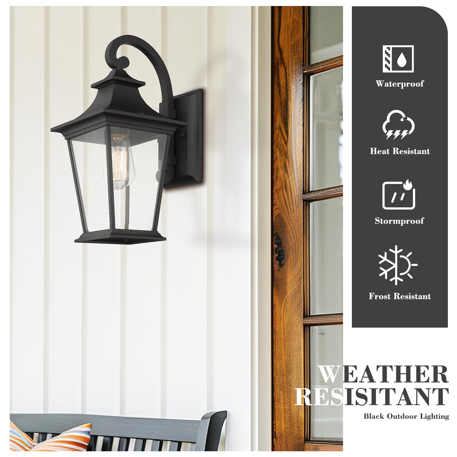 Emliviar Outdoor Wall Lantern, 1-Light Black Exterior Light With Clear Glass, 18&quot; Height