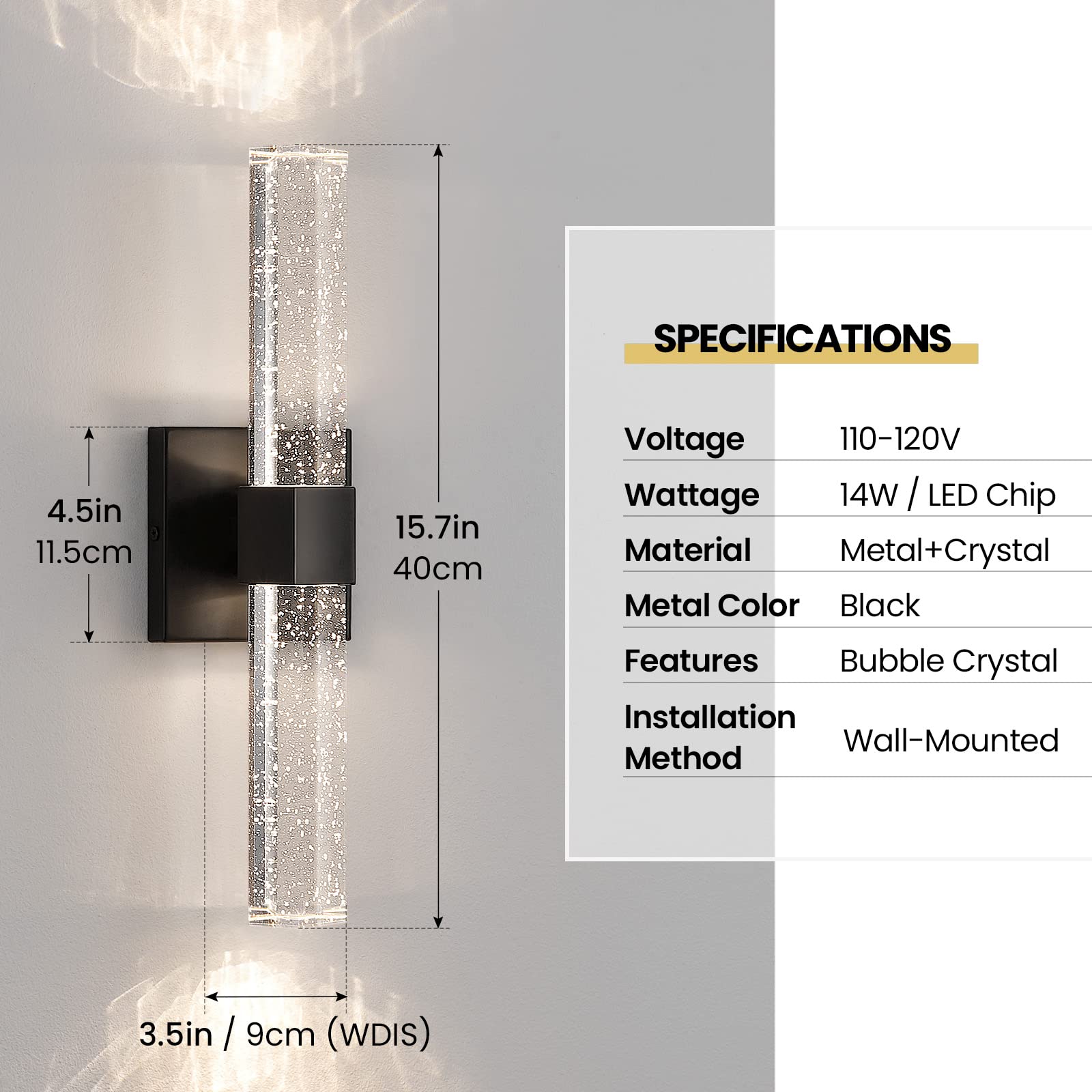Epinl Black Wall Sconces Set of 2, Crystal Dimmable 14W 3000K Lighting Fixtures for Bathroom, Bedroom, Living Room - Model 8010WL-10