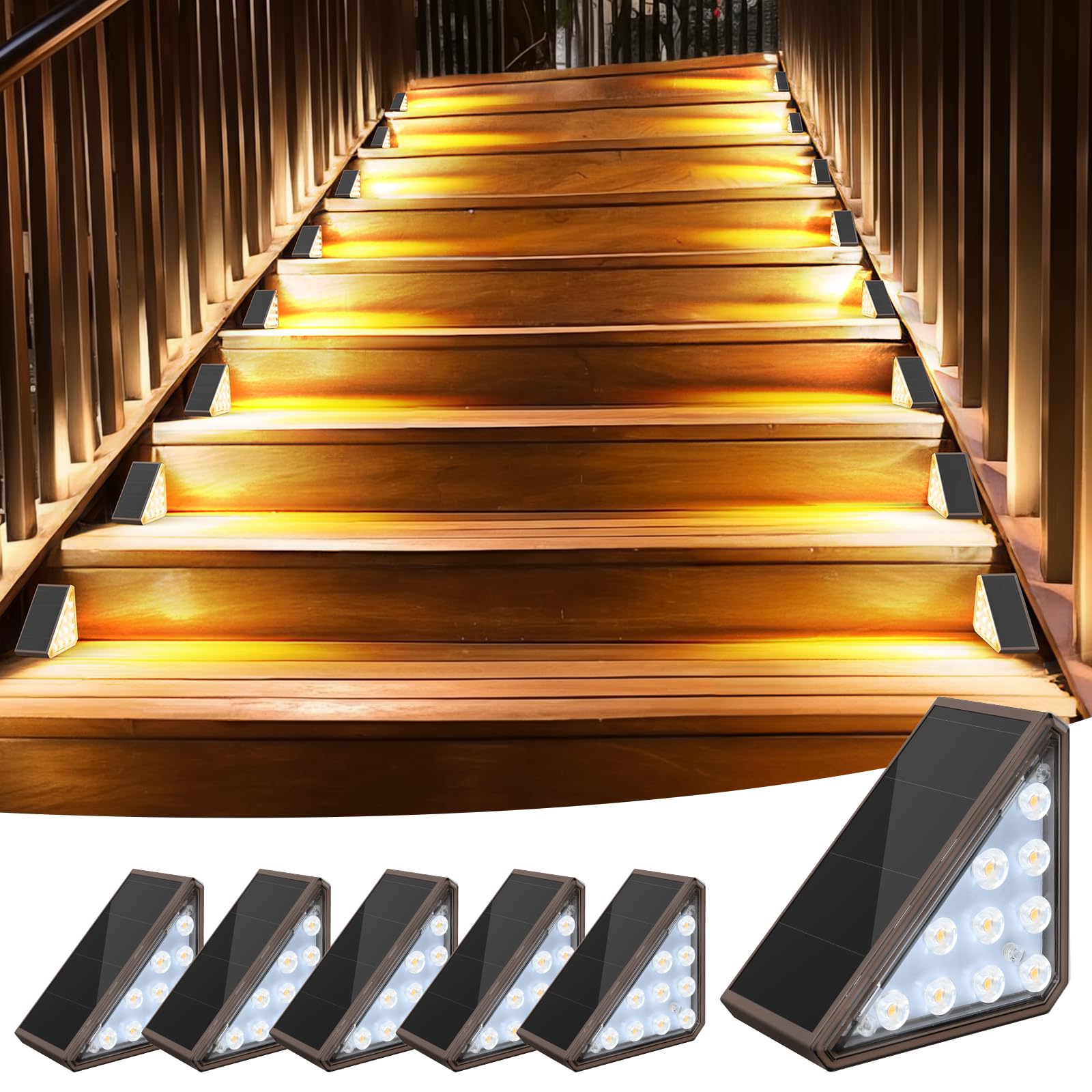 AUDLES 6 Pack Solar Stair Lights Outdoor Stair Lights with Waterproof IP67 LED Solar Light for Outside Light Decor for Stair, De