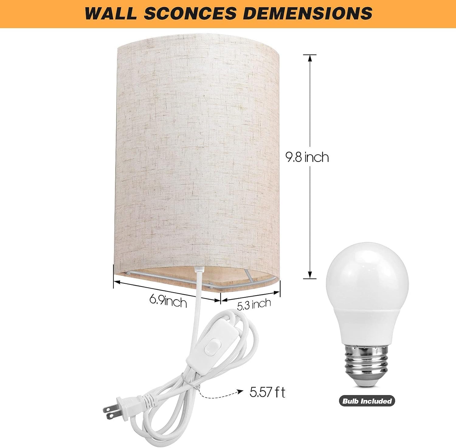 Beser·Win Plug in Wall Sconce Set of Two, Rustic Beige Fabric Lamps with On/Off Switch, Industrial Design for Bedroom and Porch