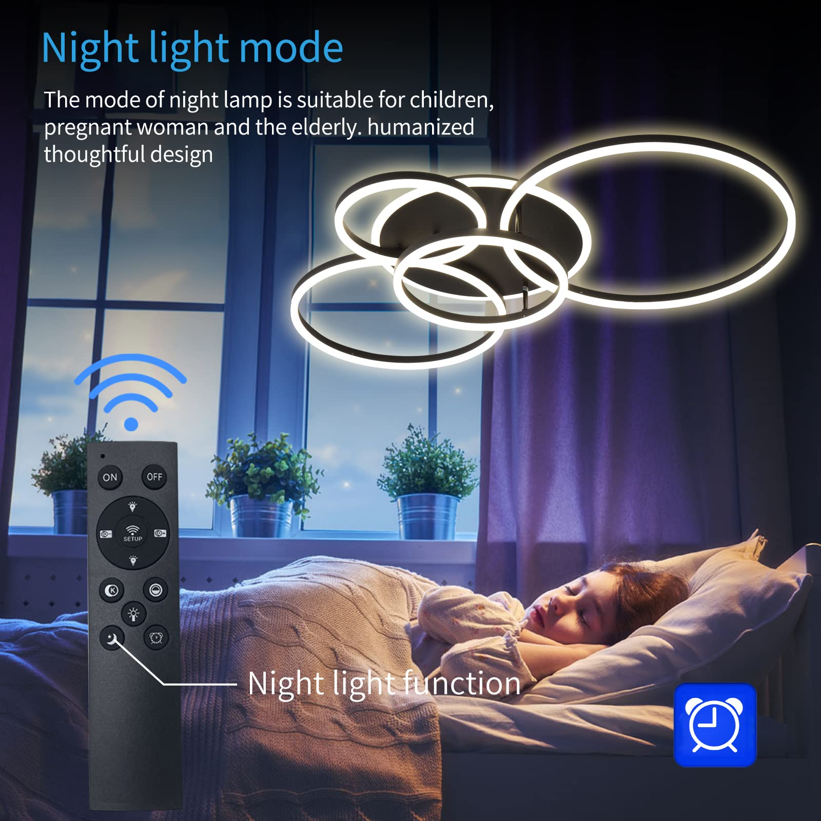 Modern Led Ceiling Light 90W Dimmable Ceiling Light Fixture With Remote Control 5 Rings Flush Mount Ceiling Light Black Acrylic