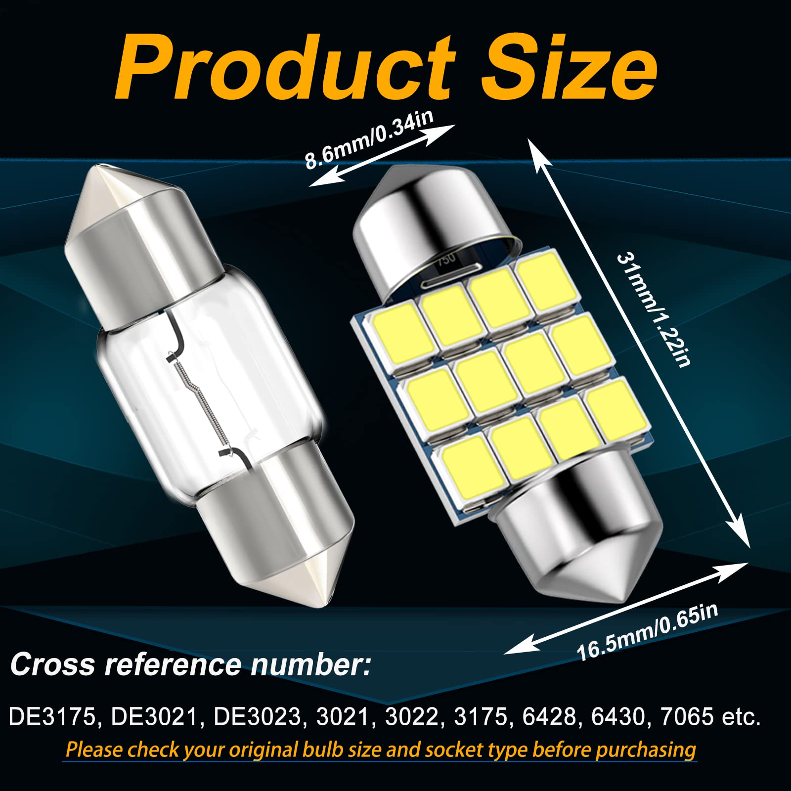 Giveubed 3175 Festoon Led Car Bulb, 31Mm, 6000K White, Super Bright, Pack Of 6 For Interior Dome Map Door Lights