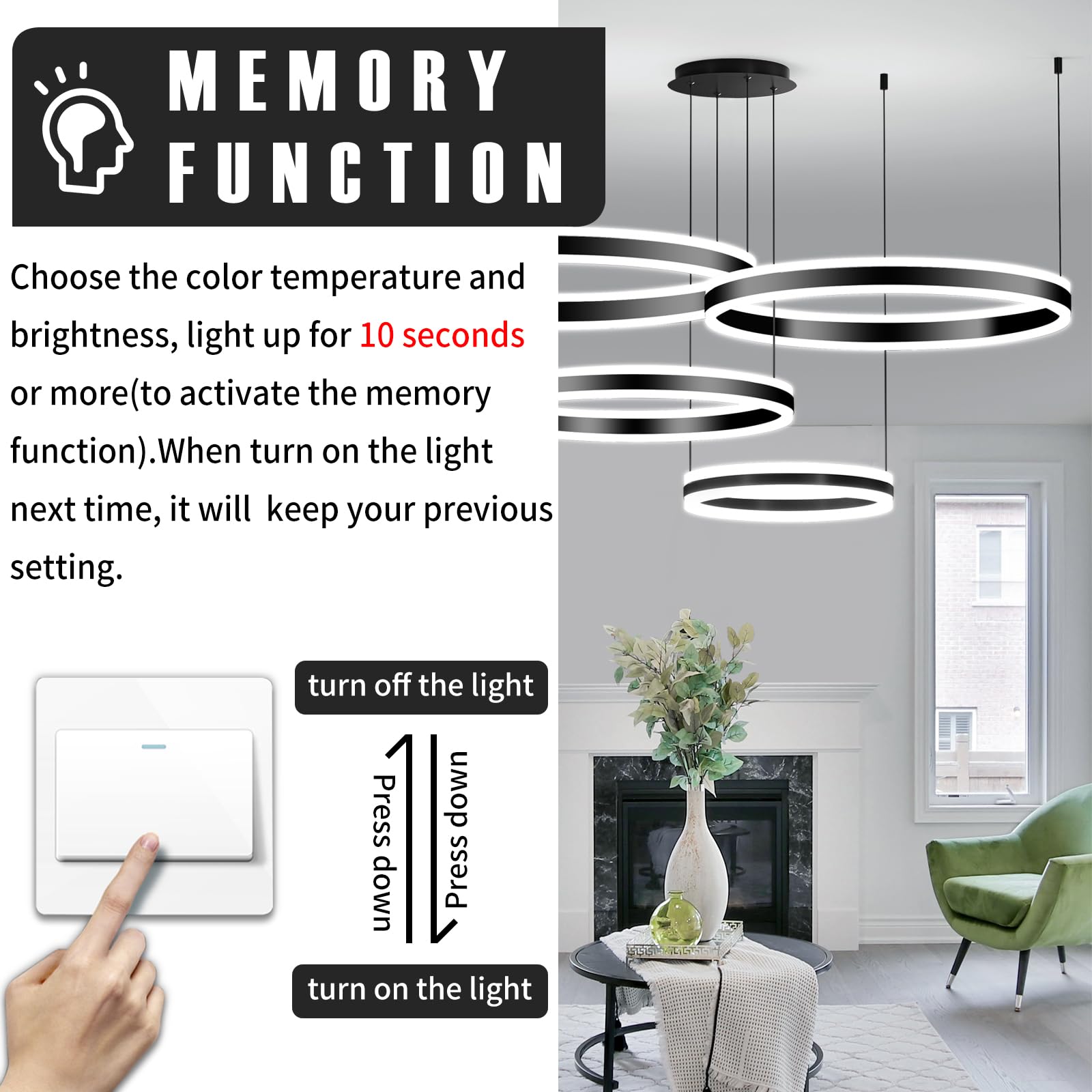 Matven Modern Ceiling Chandelier Light, Dimmable 3 Color Modes, Remote Control, Black, 15.74-39.37in, Model KD-YX