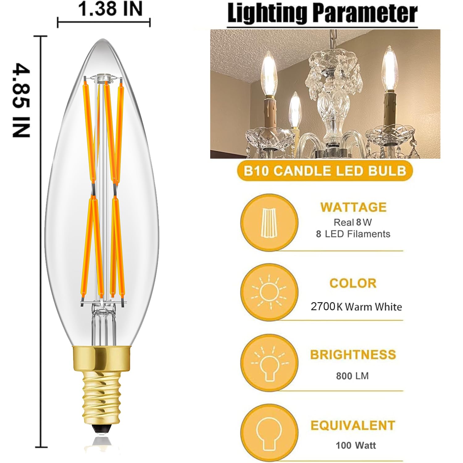 E12 Led Bulb 8W,100 Watt Equivalent, Dimmable Candelabra Led Light Bulbs,Chandelier Light Bulbs 2700K Warm White,850Lm Edison Bu