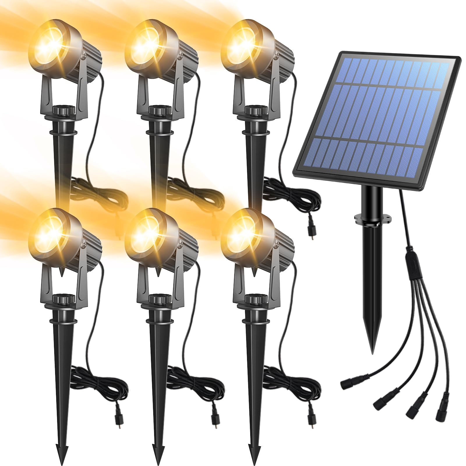APONUO Solar Spot Lights - 6-in-1 Outdoor Landscape Lights, IP65 Waterproof, Warm White, 9.8ft Cable, Model spot06