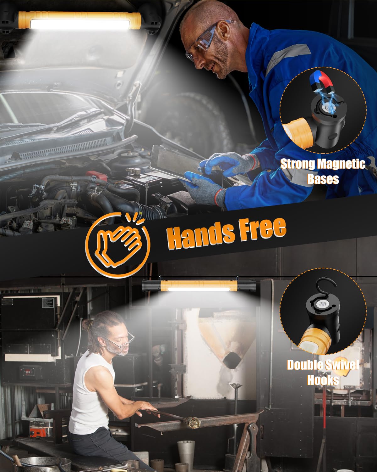 aboutool LED Work Light 3000LM, Rechargeable Underhood Mechanic Light, Magnetic Base, Rubber, Model GZD-SCK-Y01, 1 PC