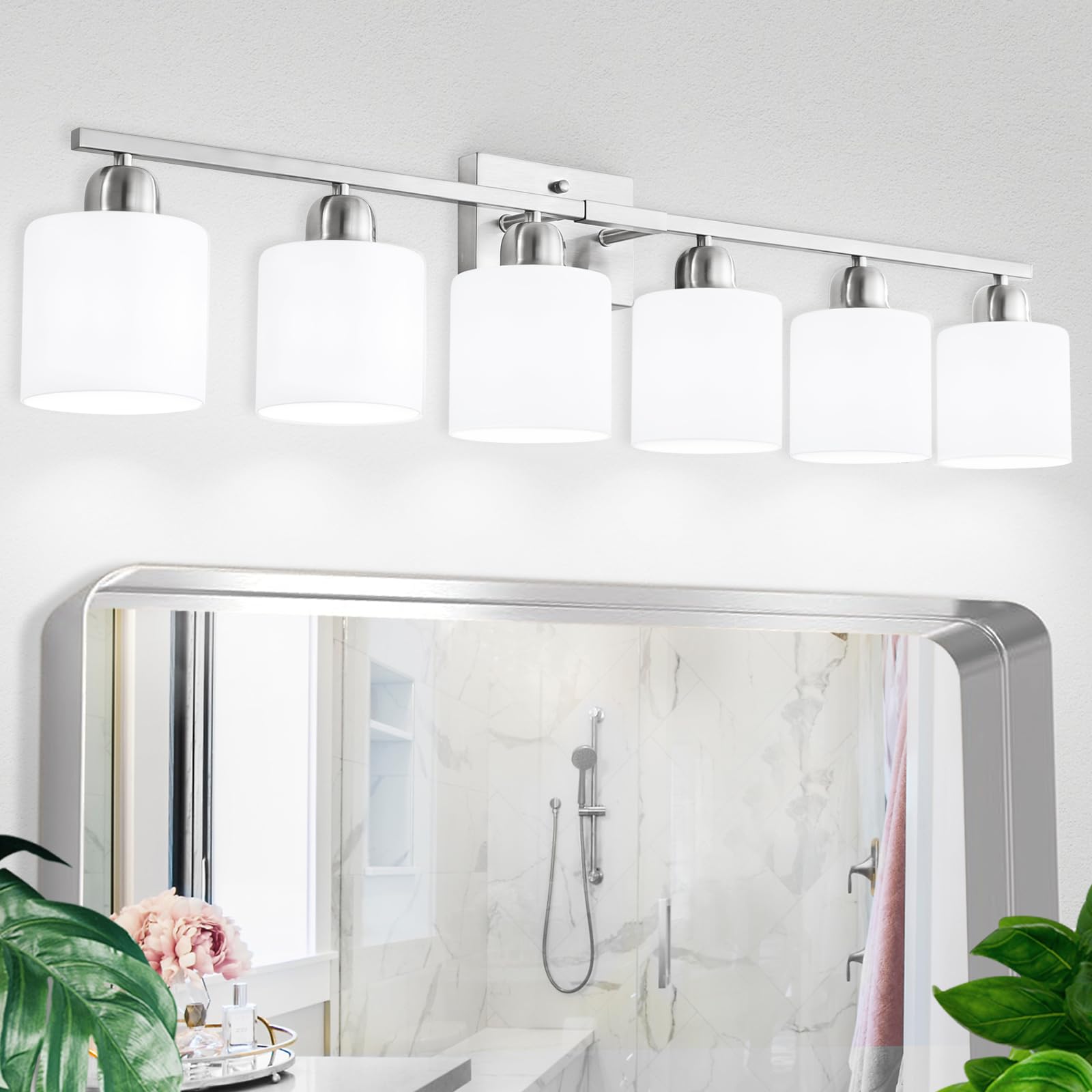 FAISHILAN Brushed Nickel Vanity Light 6-Light Bathroom Fixture with Frosted Glass Shades, 38 Inch, E26 Socket, Model FSL-212--NBN-6