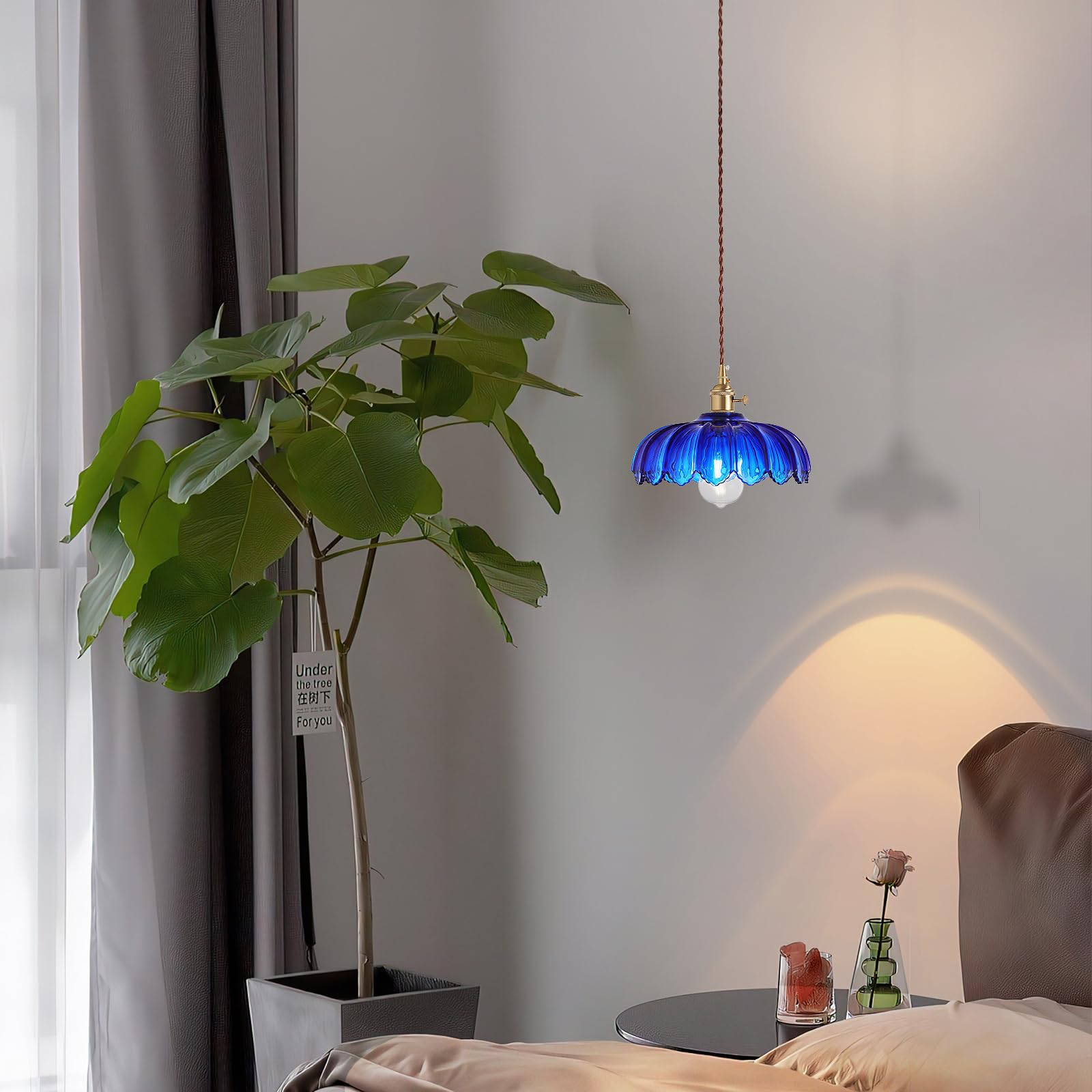 Xzhgcee Plug In Pendant Light: Hanging Light Plug In Fixture Bule Glass Hanging Lamp  Pendant Lighting For Kitchen Island  Bedroom  Dining Room  Living Room  E26 No Bulb