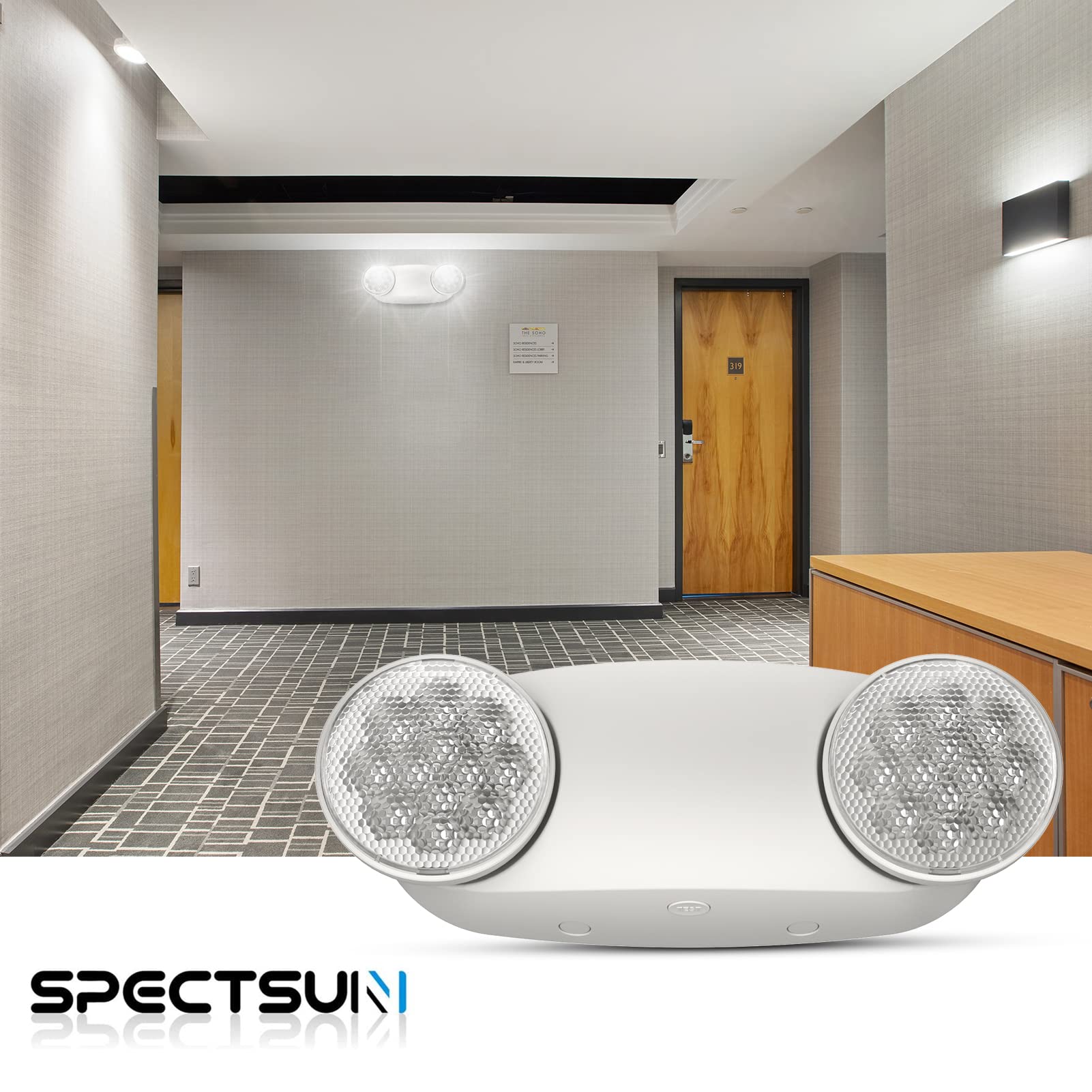 Spectsun Lighting Emergency Light 2 Pack, Wall Mount, UL 924 Certified, Battery Backup, Plastic, White, Model SPJLEU5-WT-2-N