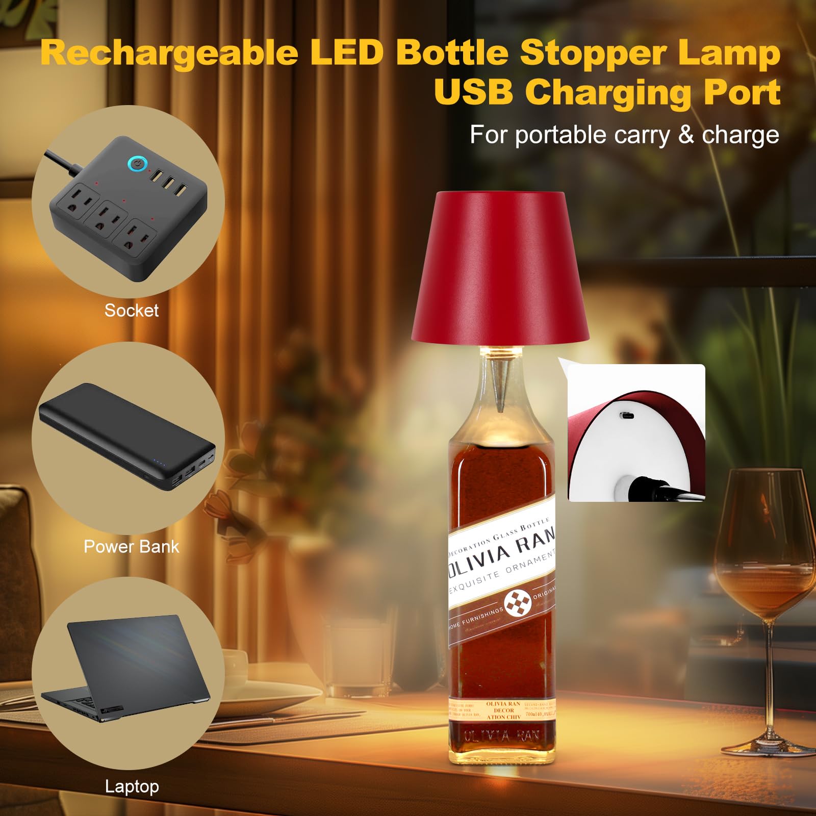 Soudfk Wireless Bottle Lamp, 2025 New 3 Color Rechargeable Wine Bottle Lights For Bars Restaurants (Wine Red, 1Pc)