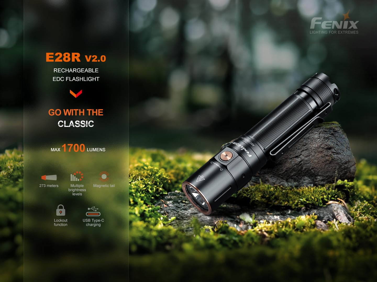 Fenix E28R V2.0 Edc Flashlight, 1700 Lumen Usb-C Rechargeable Compact Pocket Size With Magnetic Tail