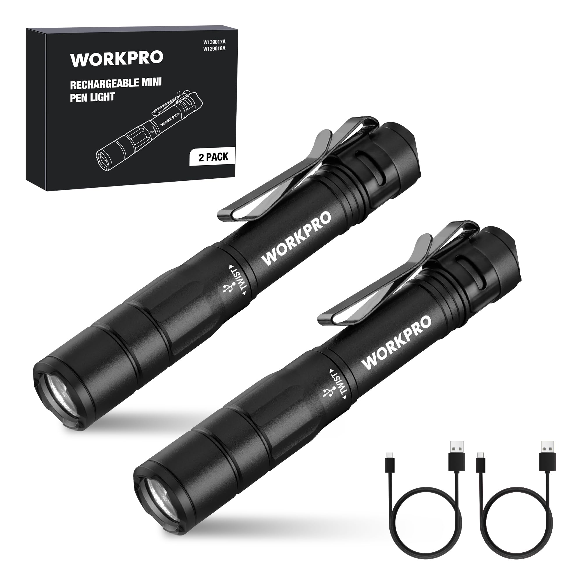 WORKPRO Rechargeable Pen Light, Mini Flashlight 2 Pack, Ultra-Compact with Clip, Black, Model W139017