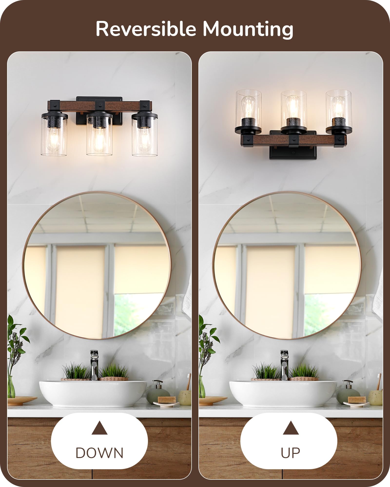EDISHINE 3-Light Farmhouse Vanity Light Fixture, Dark Wood Bubble Glass Shade, Model HHVL02G