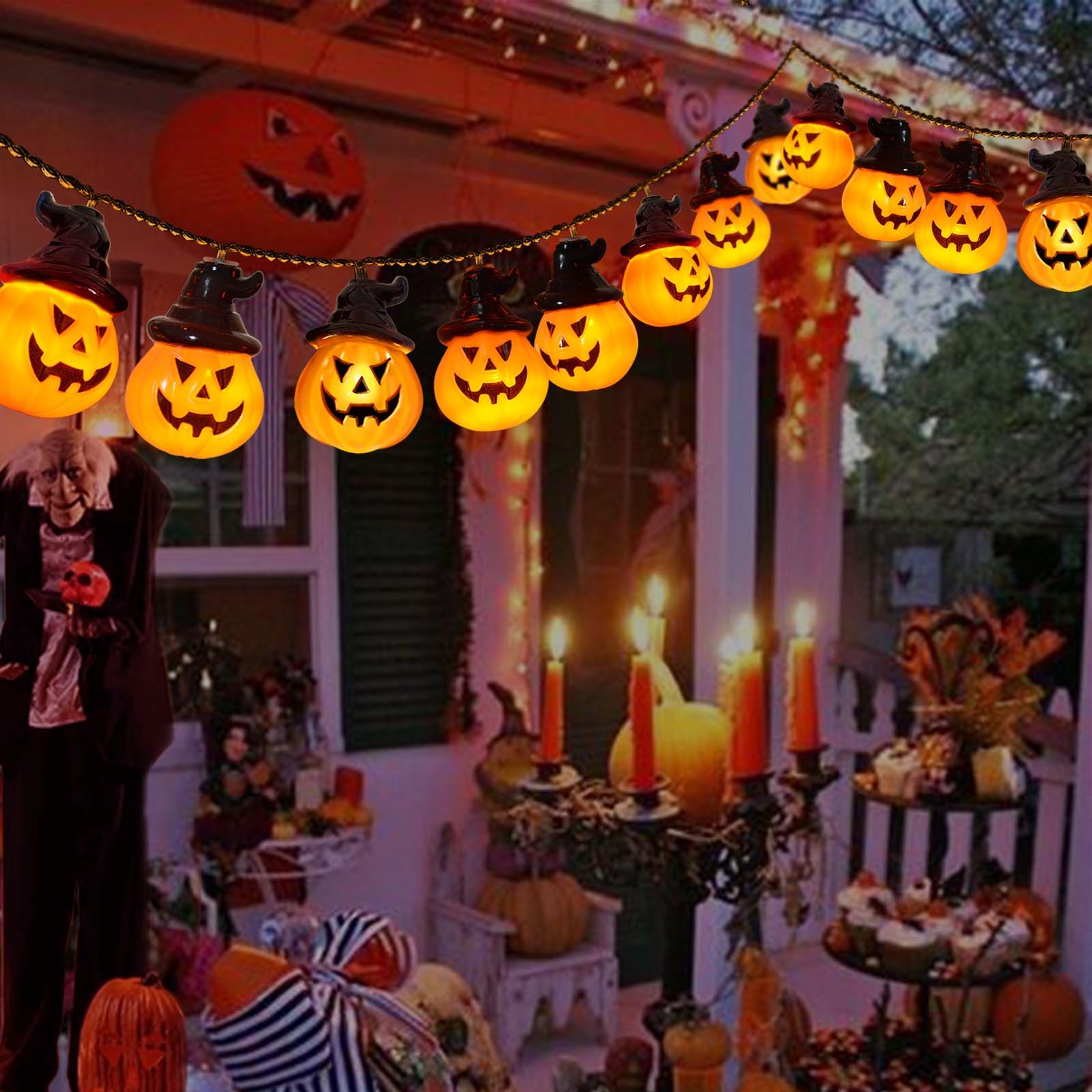 Abkshine Solar Pumpkin Lights String for Halloween, Orange, Plastic, Model ABSK145, Outdoor Yard Decoration