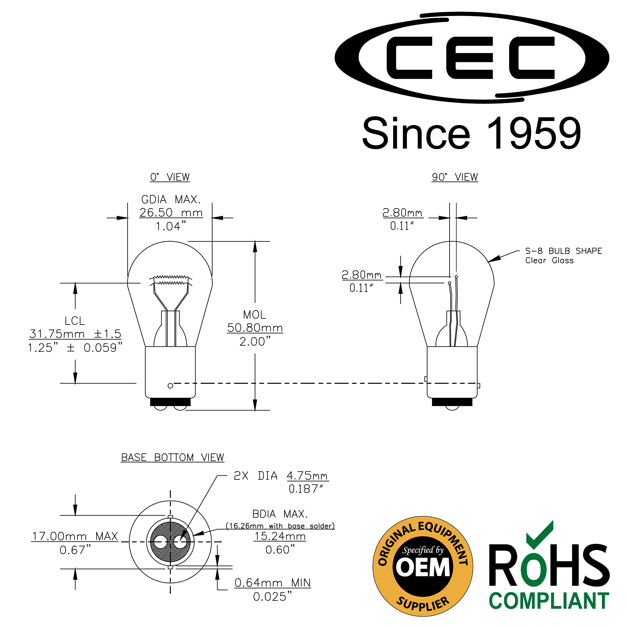 CEC 1157 Bulbs - Warm White, BAY15d Base, S-8 Shape, 12.8/14 V, 26.88/8.26 W, 10 Count