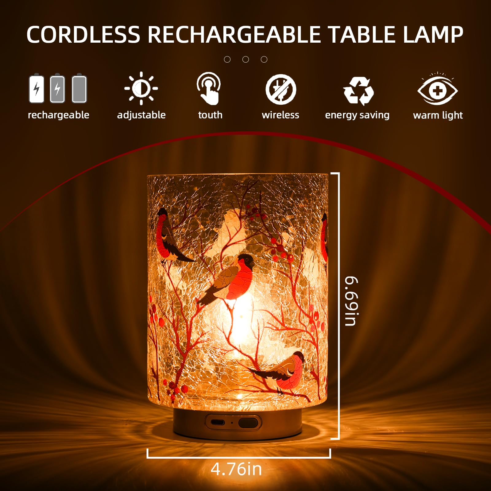 Rechargeable Battery Table Lamp Timer, Handmade Crackle Glass Lamps With Two-Level Dimmer, Emergency Cordless Lamp For Area No P
