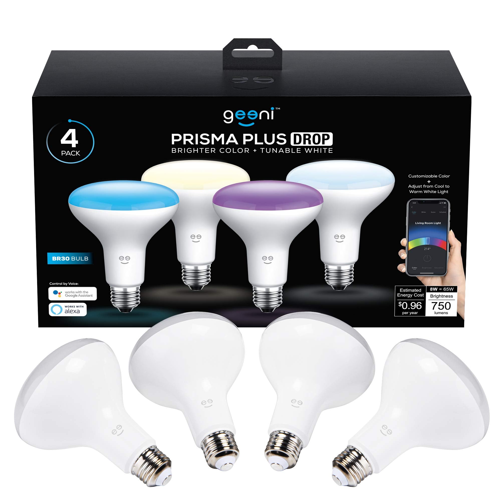 Geeni Prisma Plus BR30 LED Smart Light Bulb  Tunable Hue and Dimmable RGB WiFi Bulb  No Hub Required  Compatible with Alexa and Google Assistant (4 Pack)-New