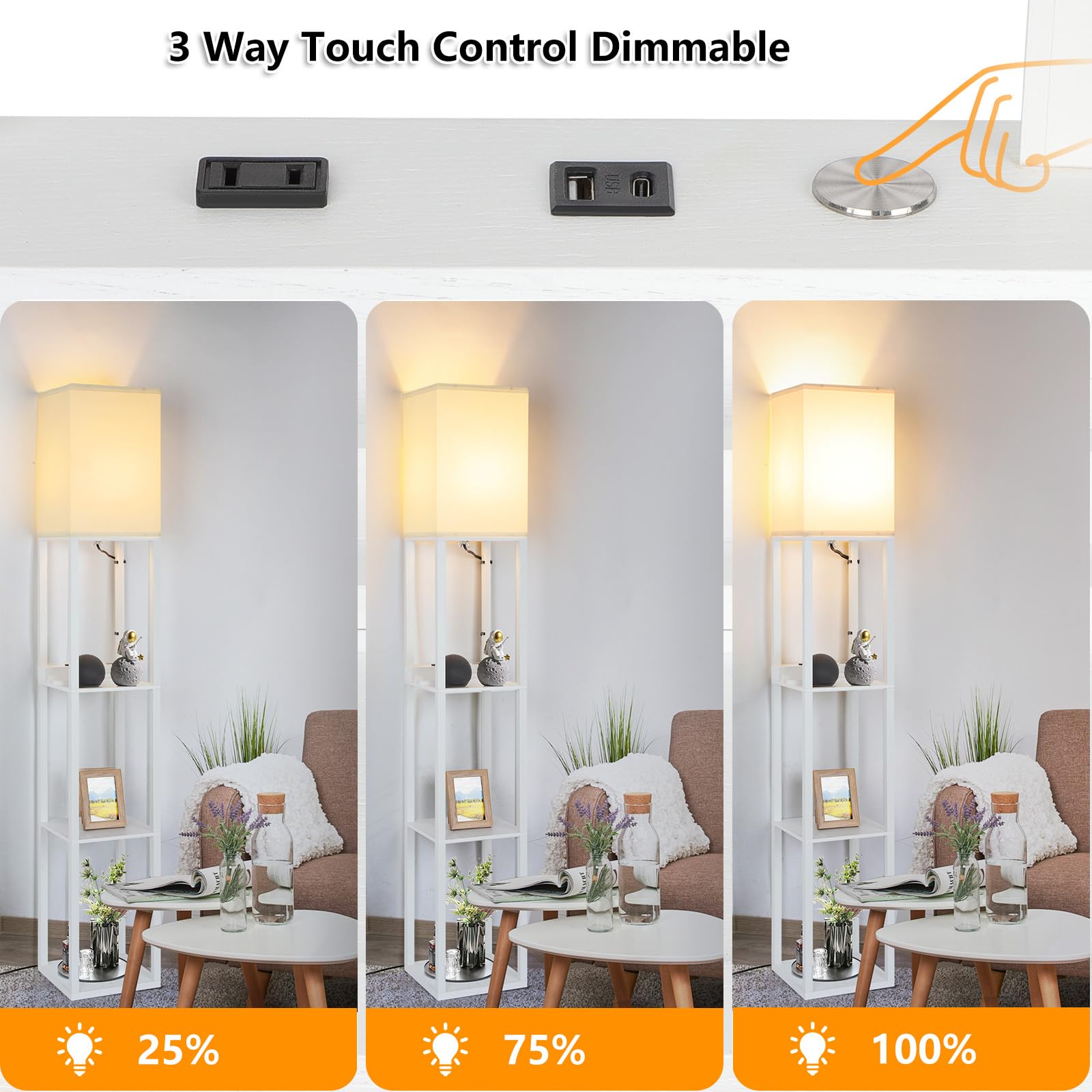 Folksmate Touch Control Shelf Floor Lamp, Modern Dimmable Led Standing Lamps With Shelves, 2 Fast Charging Usb Ports And Power Outlet, Wood Skinny Tall Light For Living Room, Bedroom, Bedside,White