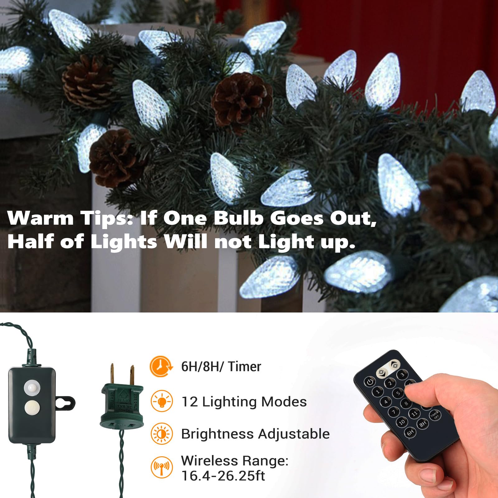 Odeetronic Cool White & Multicolor Christmas Lights, 33Ft 50 Led C9 Color Changing Tree Lights, Connectable 12 Modes Outdoor Xmas Lights With Remote, Dimmable Twinkle Lights For Home Party Wedding