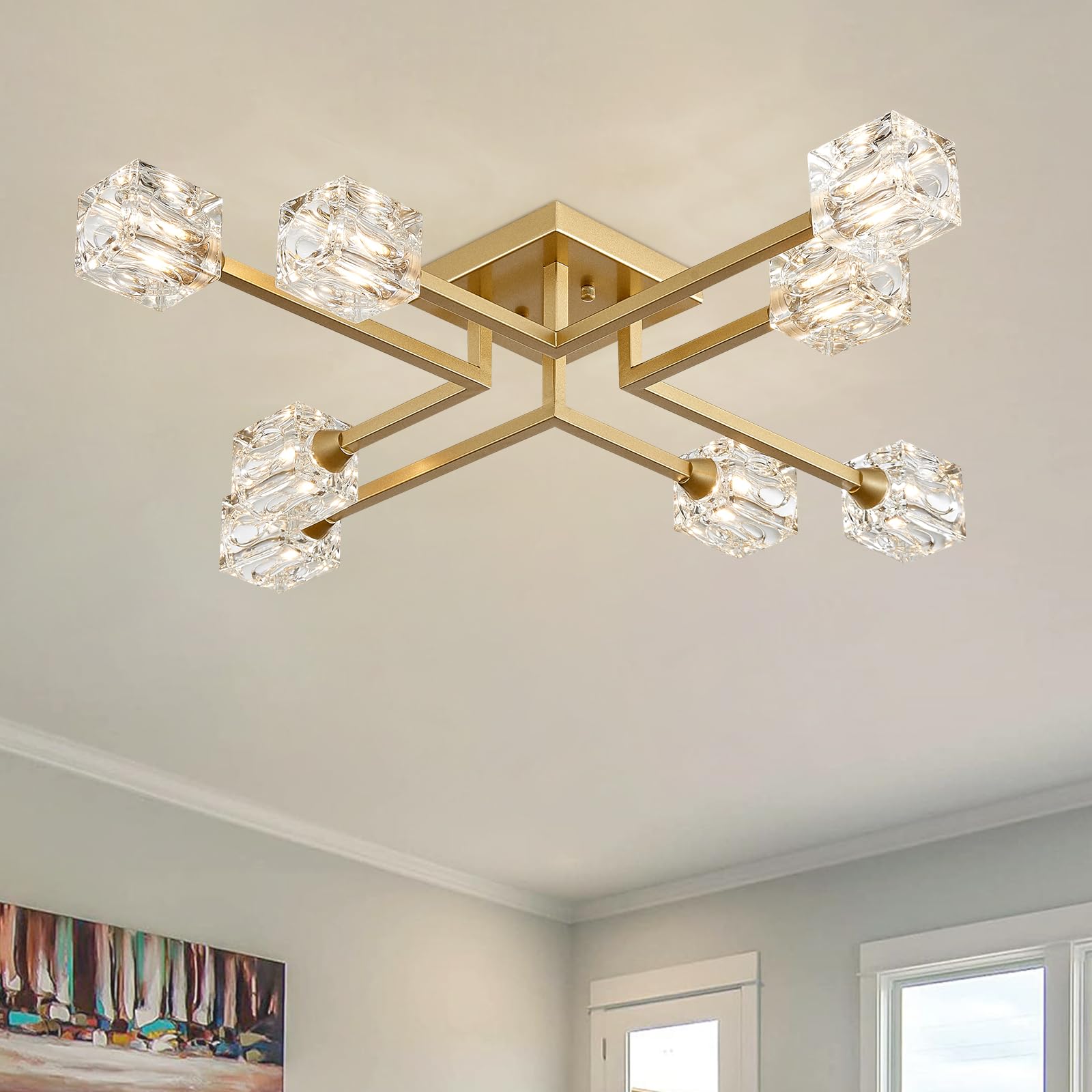 Peskoe 8-Light Gold Sputnik Chandelier Semi Flush Mount Ceiling Light Fixture, Modern Farmhouse Chandeliers For Dining Room Bedr