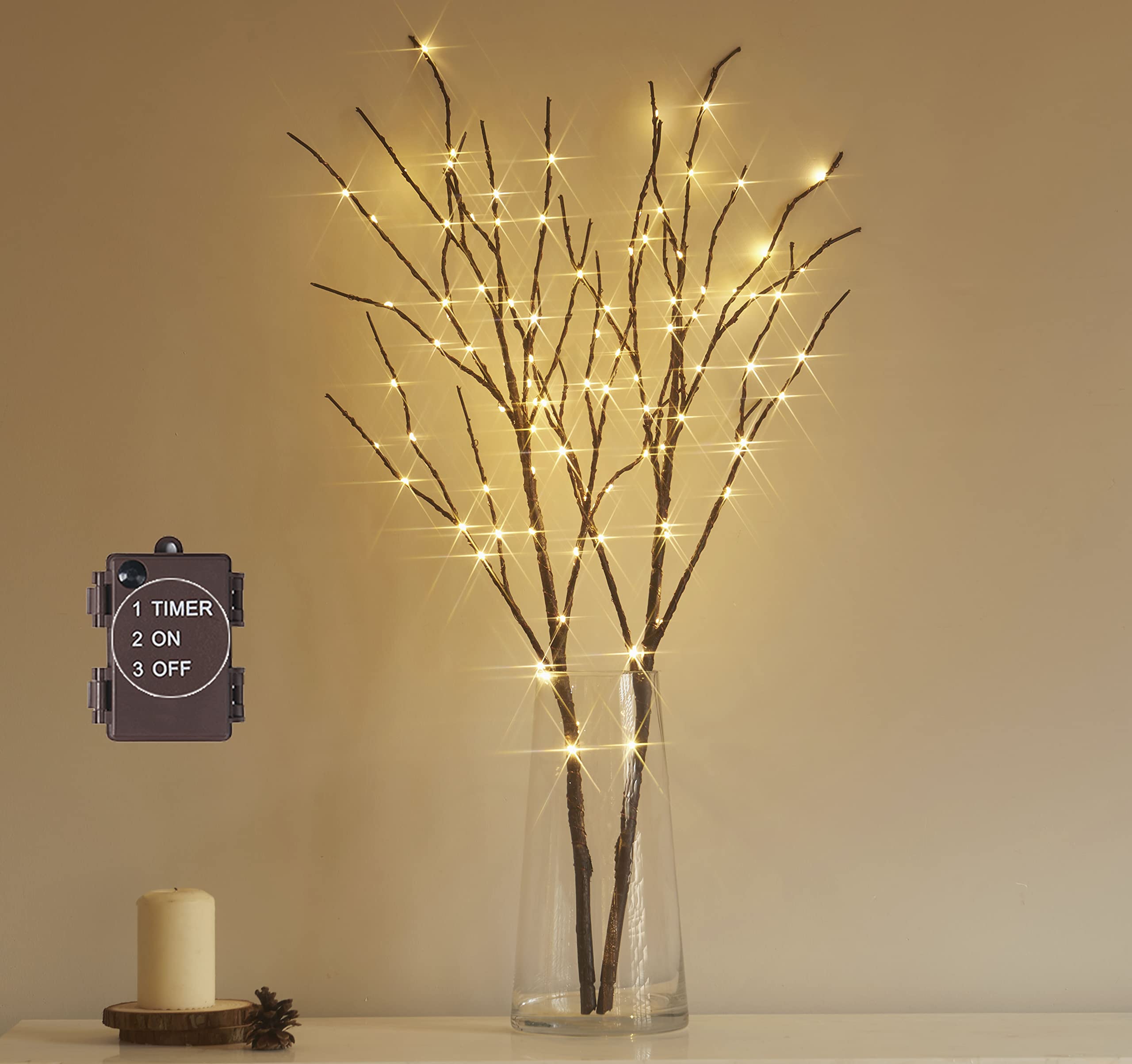 Hairui Lighted Brown Branches Battery Operated With Timer 30In 100 Led Fairy Lights, Willow Branch Lights For Home Bedroom Fireplace Christmas Holiday Decoration Indoor Outdoor Use (Vase Excluded)