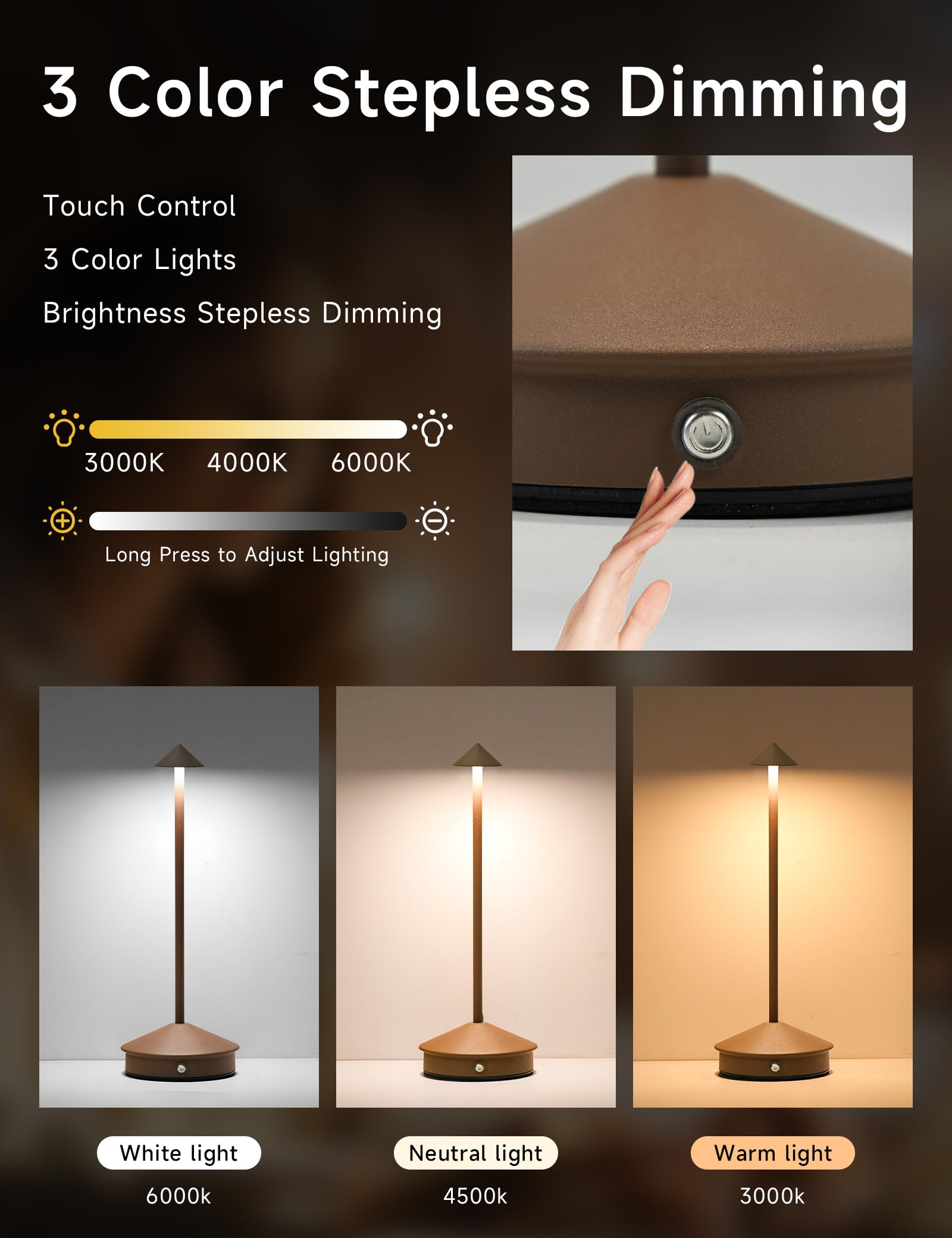 KROPTIB Cordless LED Desk Lamp Set of 2, Portable Waterproof Touch Dimmable, Brown, Model ttl-jj-br-2-n