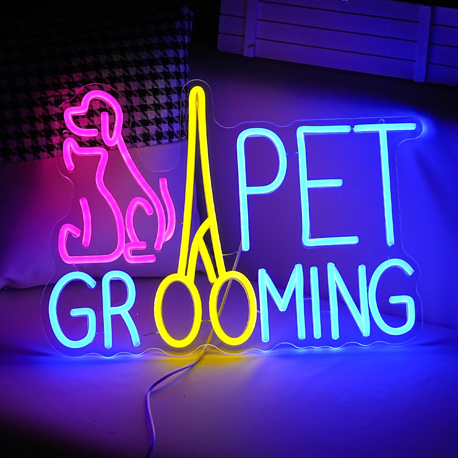 LISIGNVE Pet Grooming Neon Sign Dimmable LED Light 16.7inx12in Pink Acrylic for Wall Decor, USB Powered, Cat Dog Animal Gift