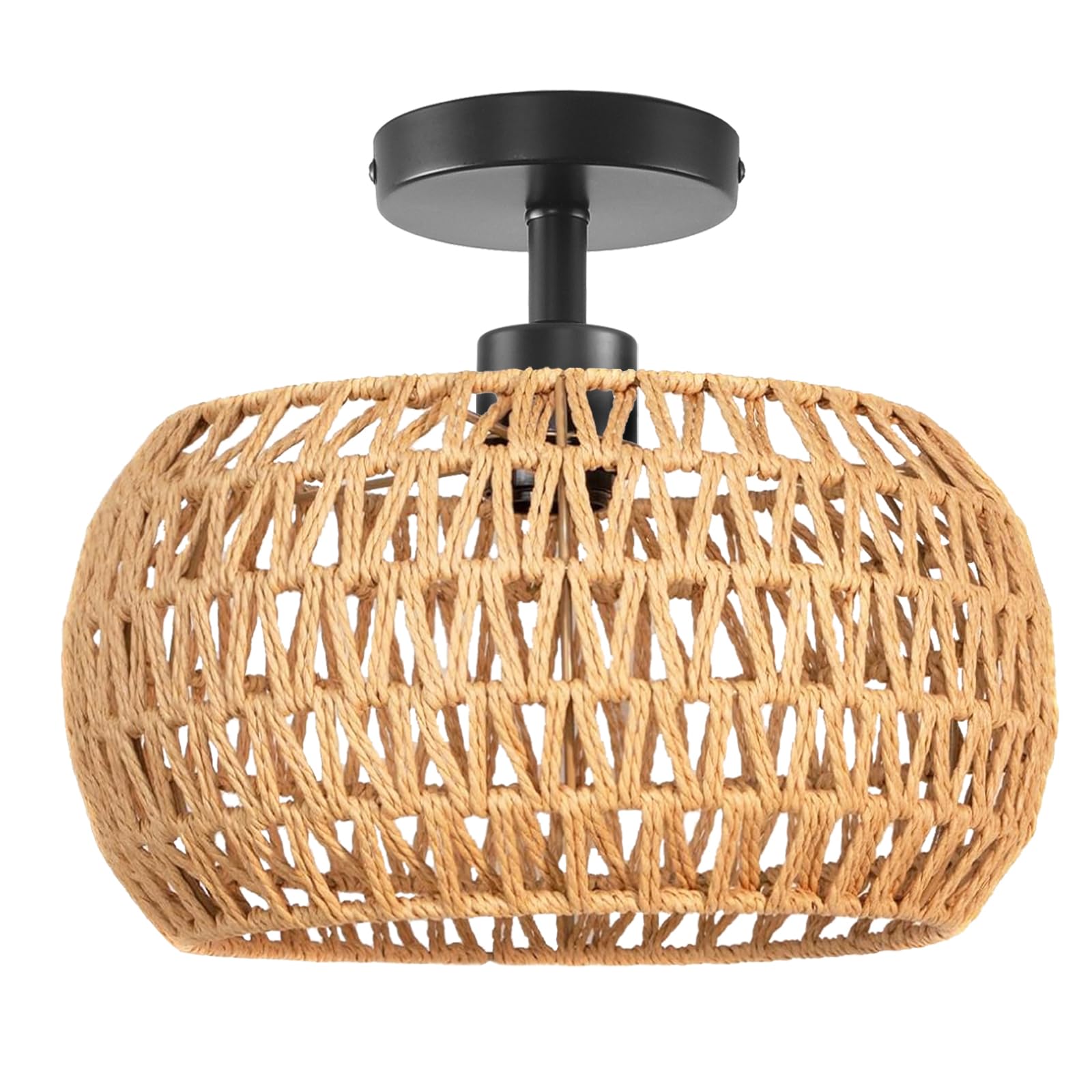 KOONTING Semi Flush Mount Ceiling Light, Hand Woven Rattan, 12.6 in Boho Shade, Brown, Model guu331