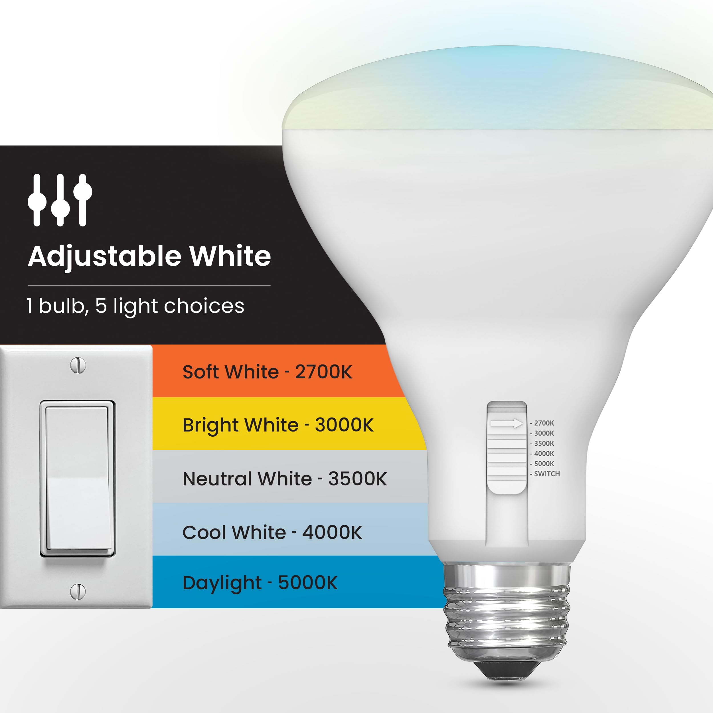 Feit Electric BR30 LED Light Bulb, 65W Equivalent, Dimmable, 650 Lumens, 5-Color Adjustable White, 25,000-Hour Lifetime, 6