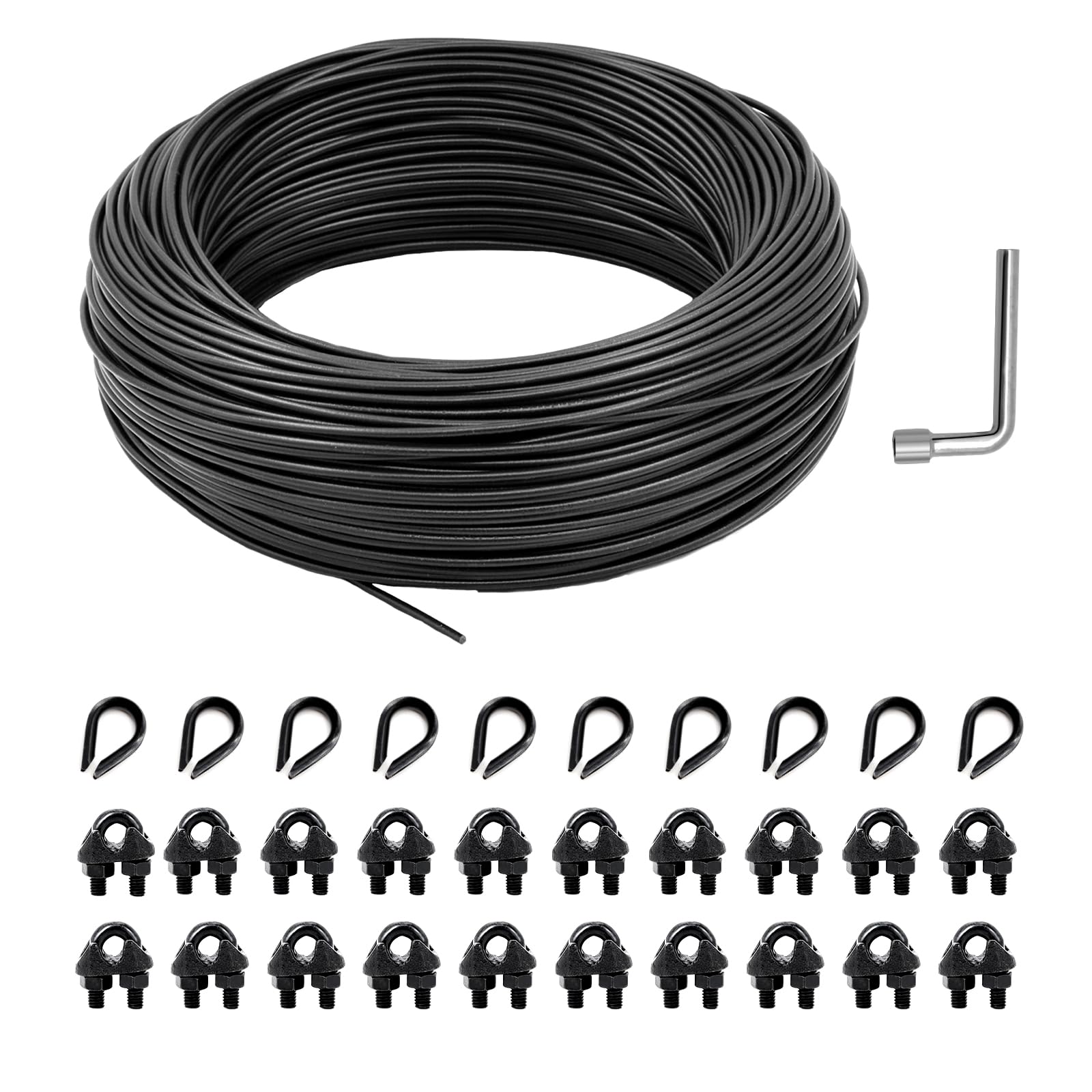 hannger String Light Hanging Kit, PVC Coated Steel Cable, 100FT, Black, Model HWRS-30M5MMB-32