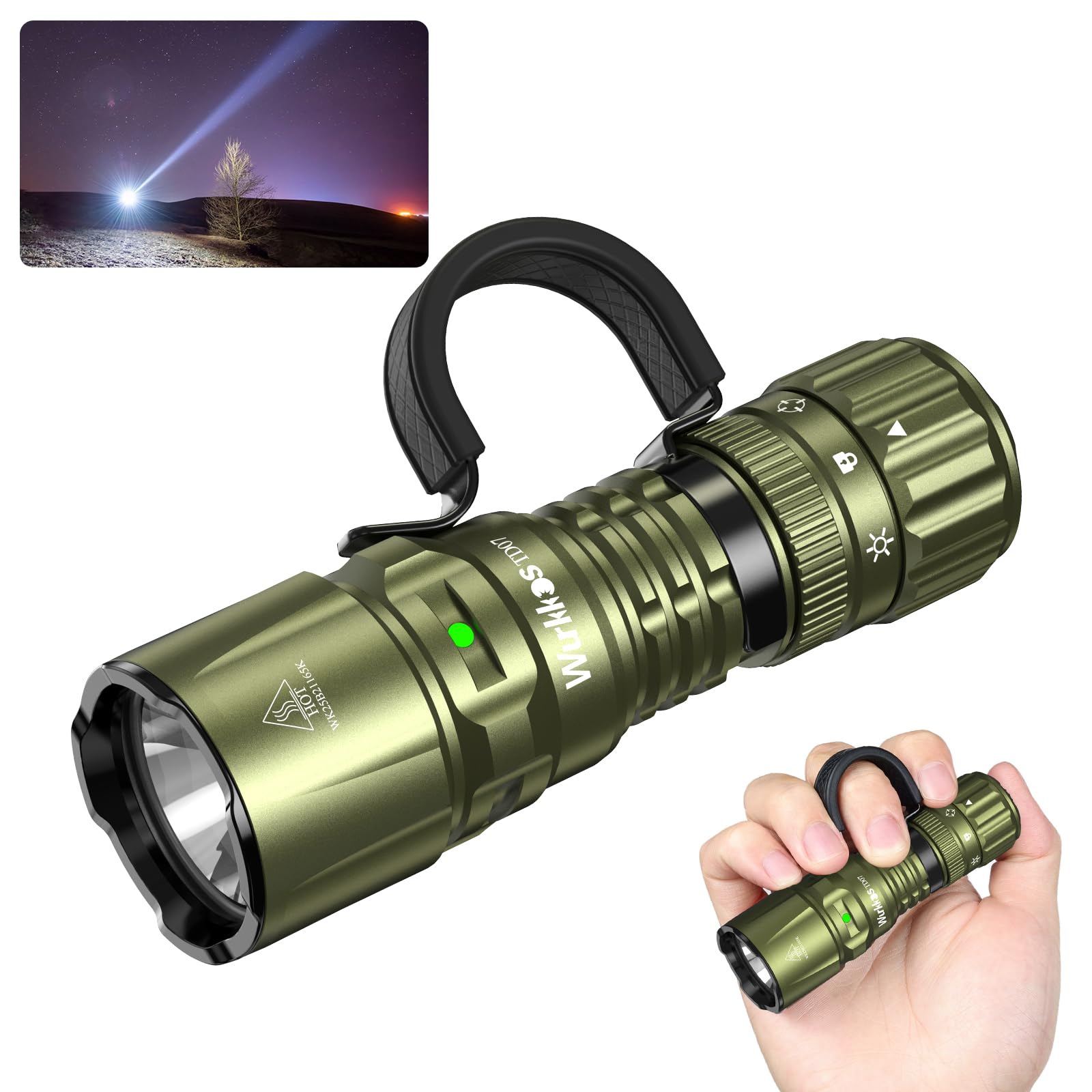 Wurkkos TD07 LED Tactical Flashlight, 1300 Lumen, USB-C Rechargeable, IP68 Waterproof, Small, Olive Green